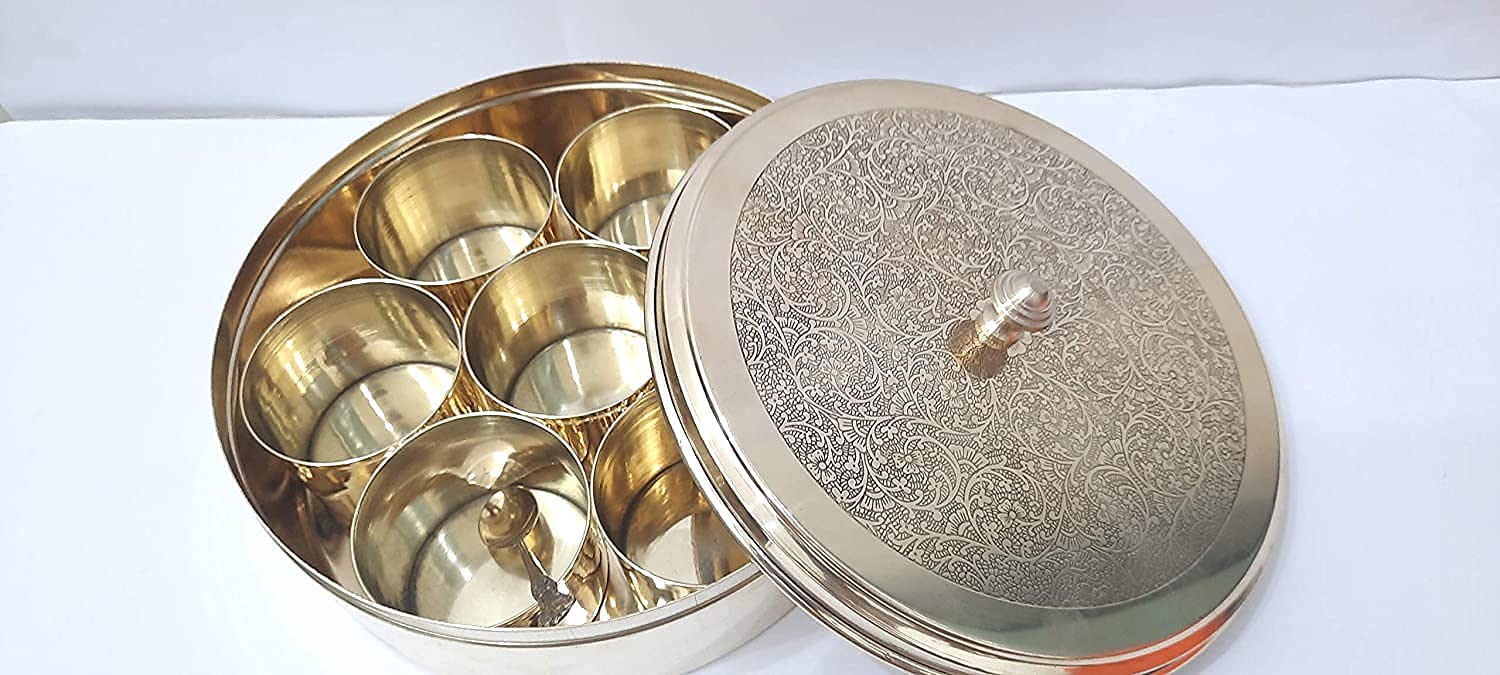 Brass Spice Box Set - 7 Compartments with Spoon -3 Brass Spice Box Set - 7 Compartments with Spoon -3