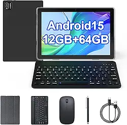 COOPERS Tablet Android 15, tablet de 10 polegadas 12 GB de RAM + 64 GB ROM máx. 1 TB, processador quad-core de 1,8 GHz, WiFi 5G, câmera dupla com bateria de 6000 mAh, tablets 2 em 1 com capa de