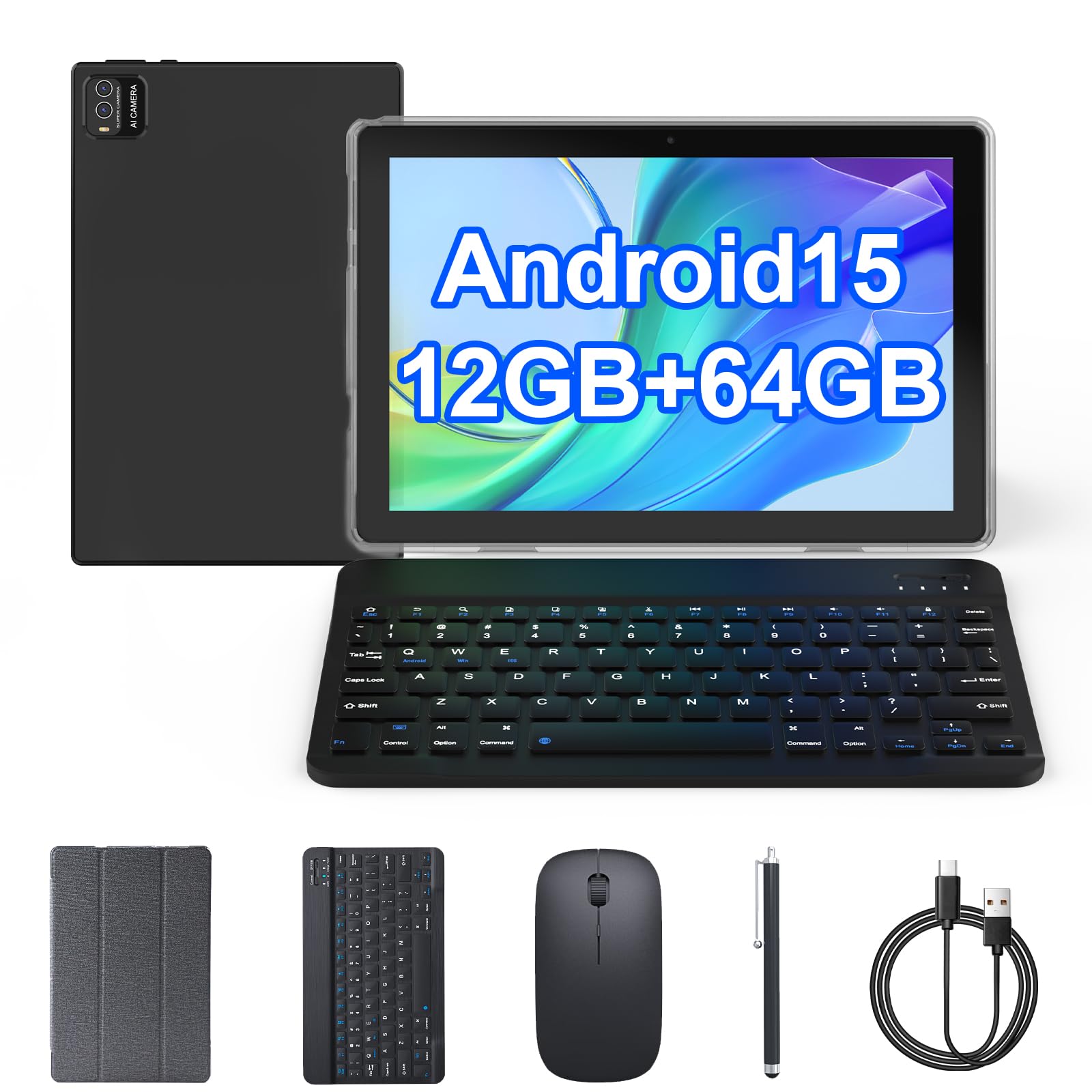 Tablet Android 15, 10 inch 2 in 1 Tablets with Keyboard Mouse Case Stylus, 12GB+64GB+1TB Expand Tablet, 1.8Ghz Quad-core CPU, 1280*800 IPS Touch Screen Computer, 5G Wi-Fi6 BT 5, 6000mAH Battery Tab PC