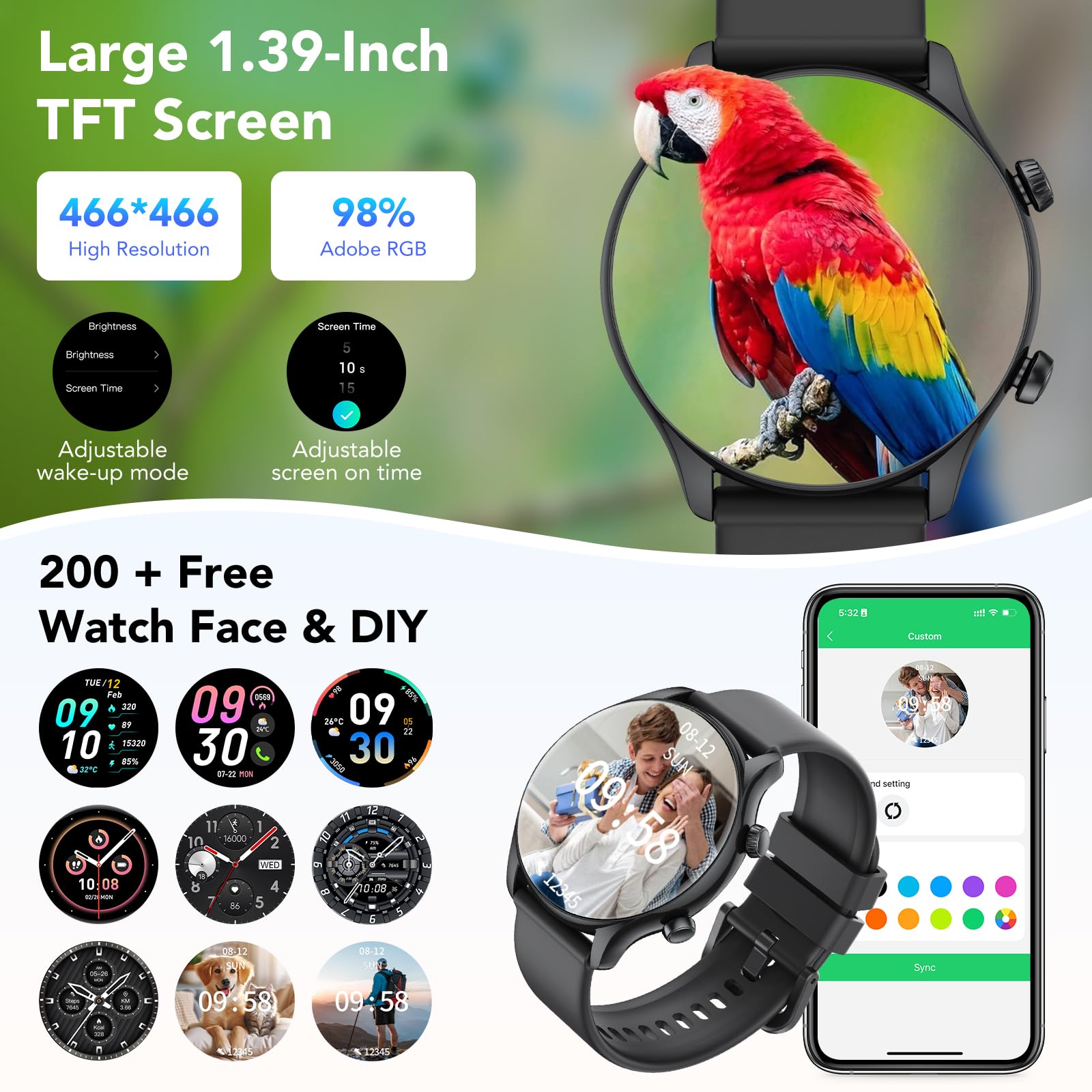 Smartwatch Uomo Donna, 1.39" Orologio Smartwatch con Effettua/Risposta Chiamate, Fitness Tracker con 120+ Sportive, Contapassi/SpO2/Cardiofrequenzimetro, IP68 Smart Watch per Android iOS Nero Lucido