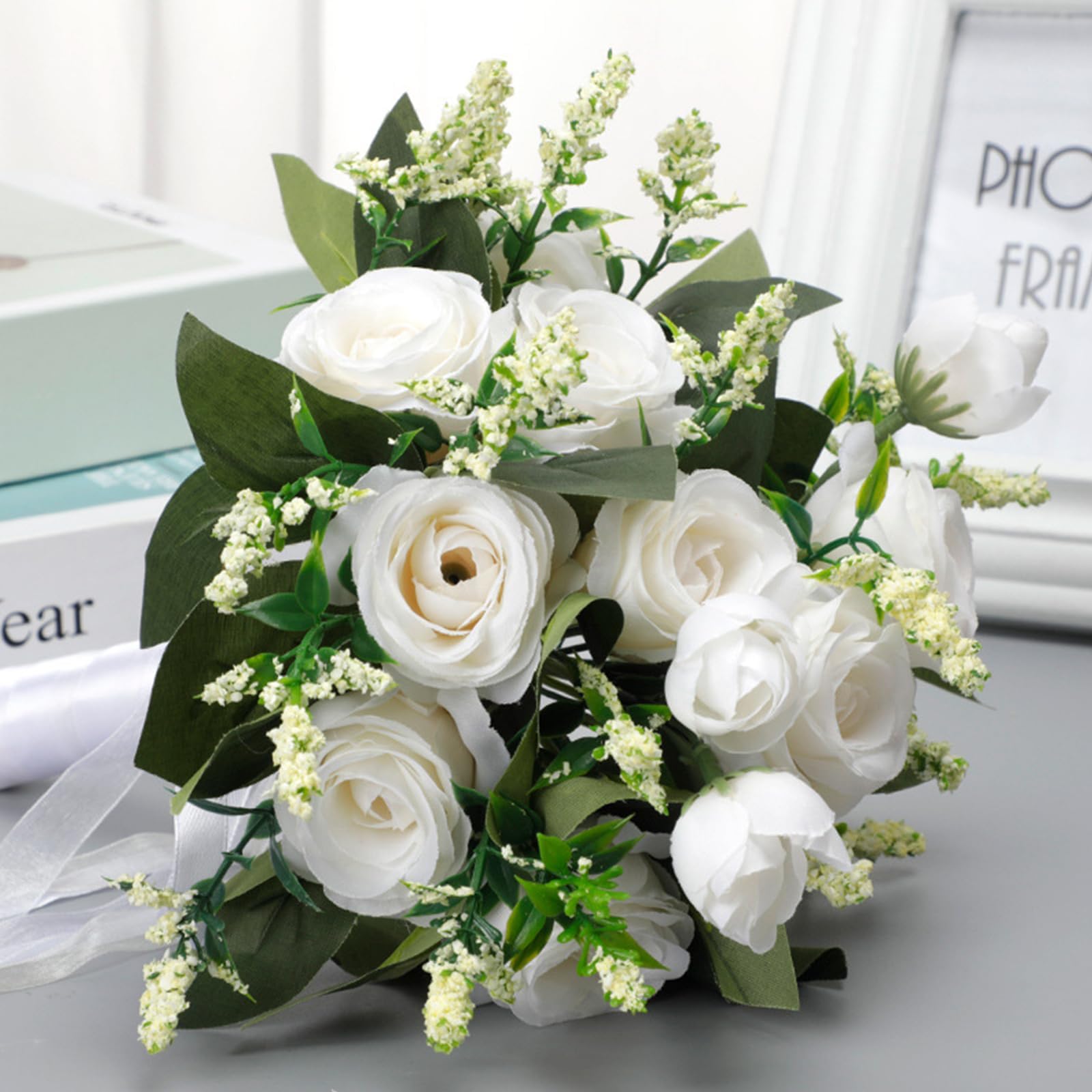 Cosiesnest Wedding Bride Bouquet Artificial Roses Flowers Holding Flowers Bouquet Silk Roses Real Touch Fake Rose Flower Bouquets Romantic Bouquets for Home Wedding Party Decoration (White) - Image 4