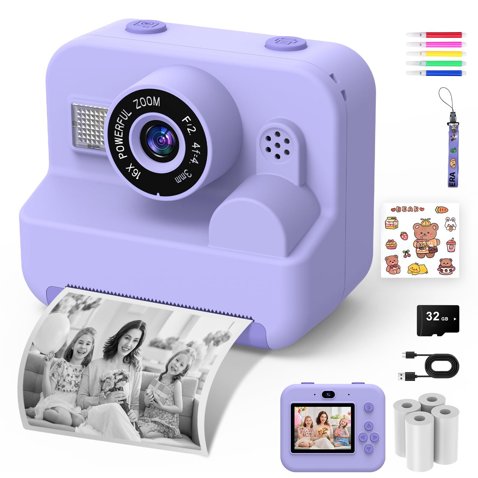 CONMRO Kids Camera 1080P HD Digital Instant Print Camera with 4 Rolls Paper and 32GB SD Card for Girls Boys Age 3-12