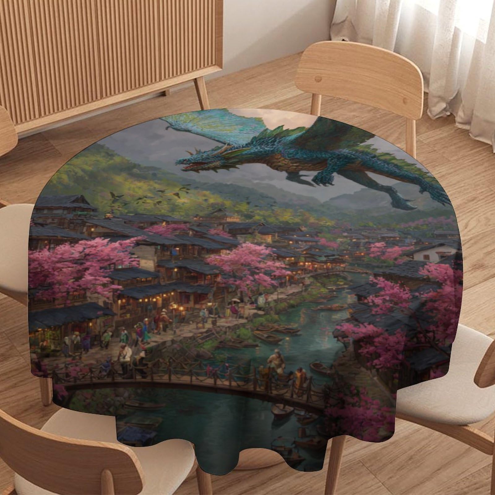 LUYYSKY Rustic Vintage Cool Dragon Round Tablecloth Watercolor Japanese Cherry Blossoms Mythical Animal Western Dragon Washable Decor for Table Cover for Kitchen-177.8" Wx177.8 L cm