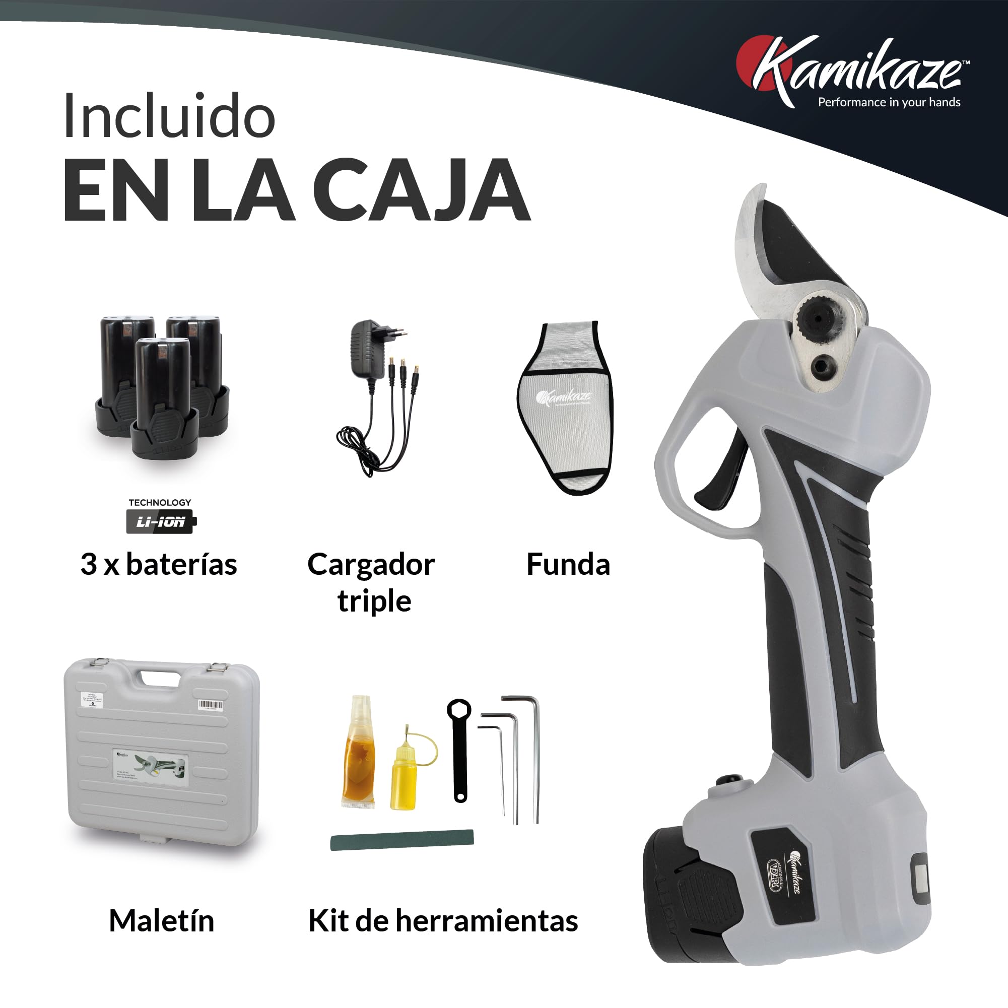 KAMIKAZE KV362 Tijera de podar eléctrica profesional. Podadora eléctrica. Tijeras batería de 14,4V. Sin cable. 35mm Ø. Tijera profesional. Incluye maletín. Indicador de carga y cortes.