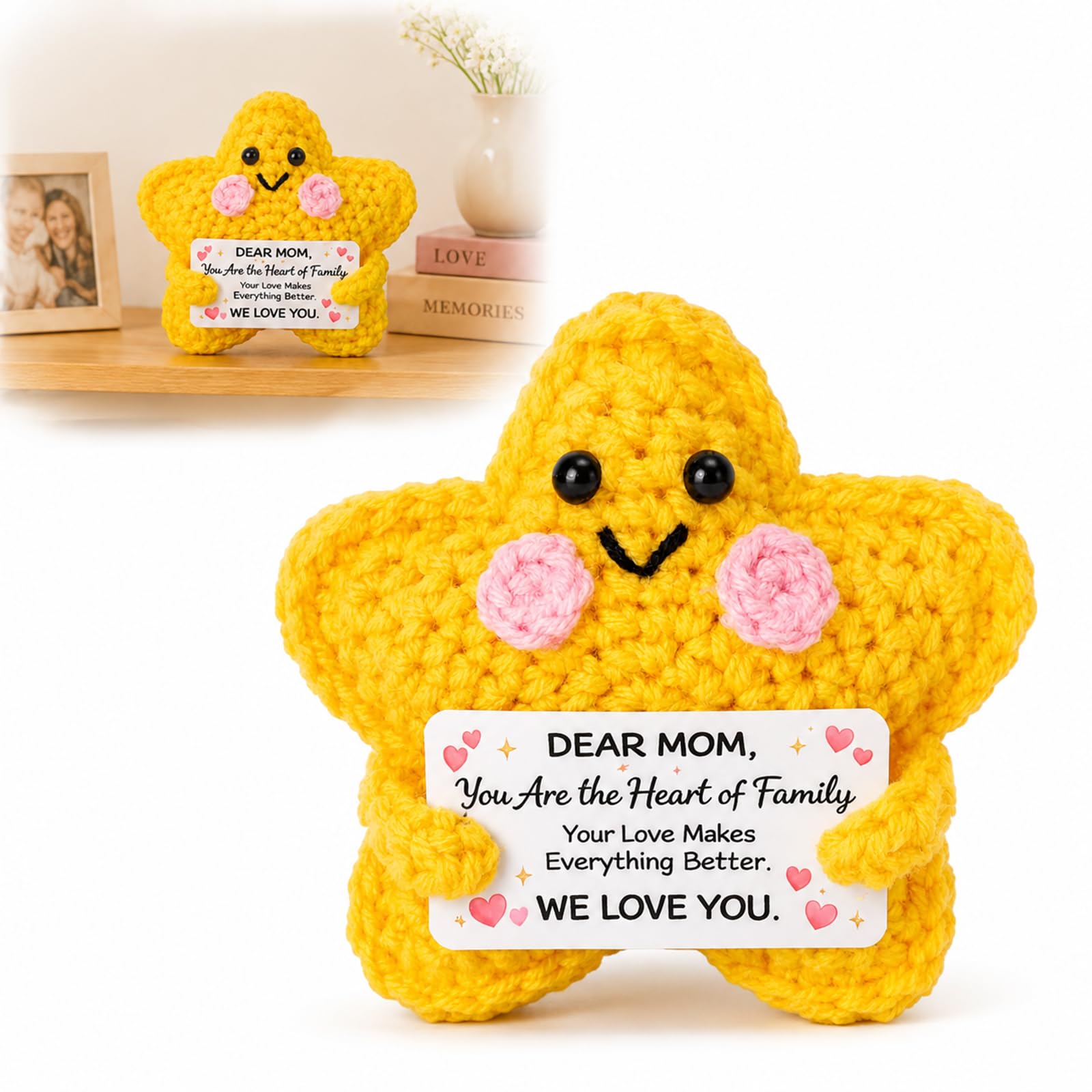Hand Knitted Crochet Star Doll with Message Card for Mum, Soft Yellow Yarn Keepsake Gift for Mothers Day, Birthday or Thank You, Cute Handmade Home Decor Gift for Mum from Daughter