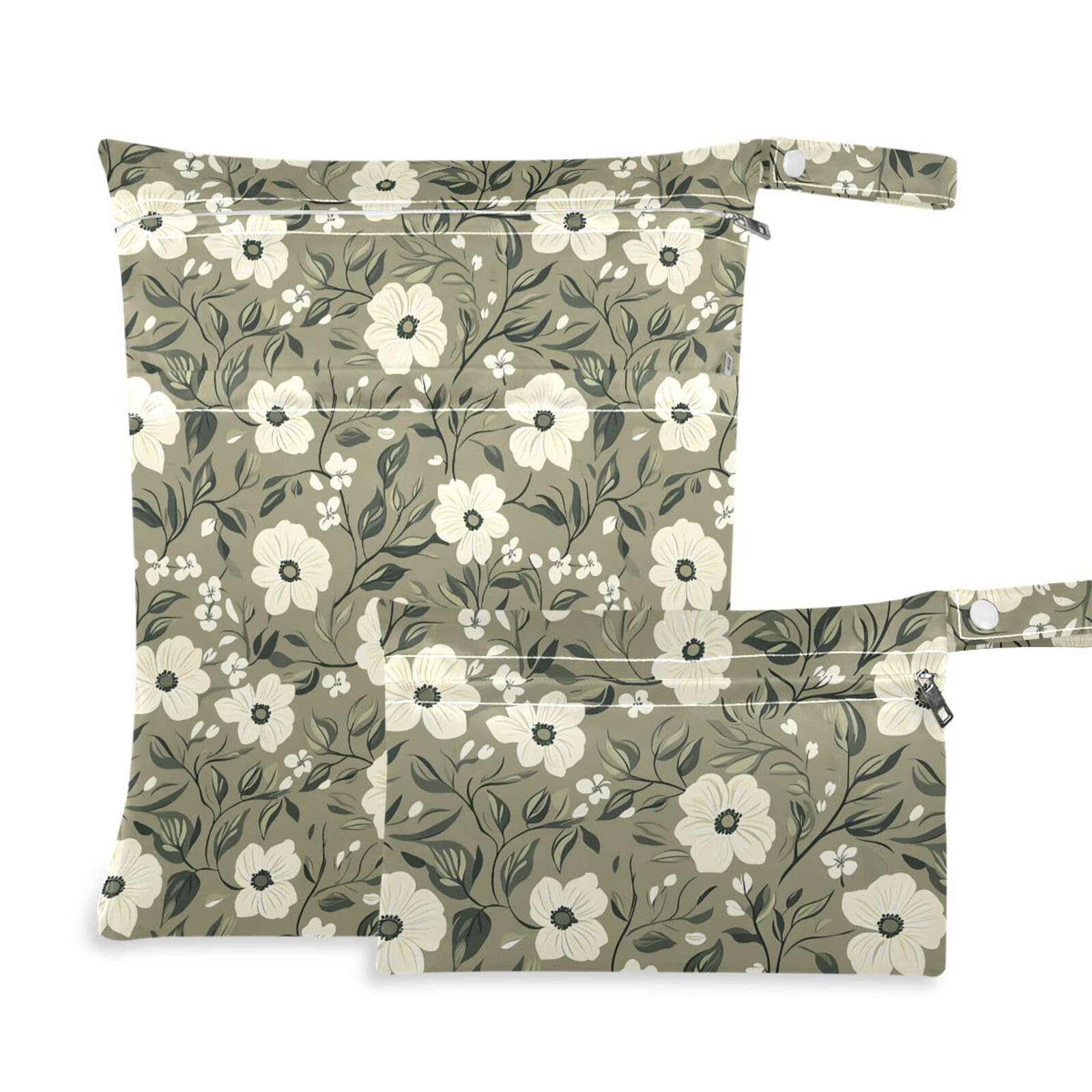 Coikll Wet Dry Bags for Cloth Diaper 2 Pack Waterproof Yoga Gym Bag for Swimsuit Wet Clothes Baby Items-?White Flowers?