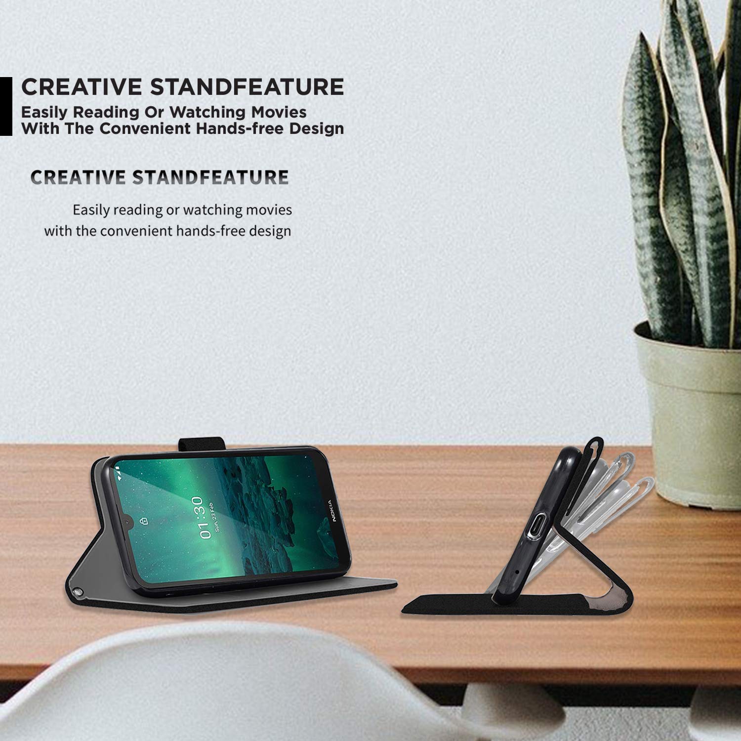 Custodia Portafoglio DN-Technology Per Nokia 1.4 | Pelle PU Con Chiusura Magnetica, Slot Per Carte E Funzione Stand, Colore Nero - 3