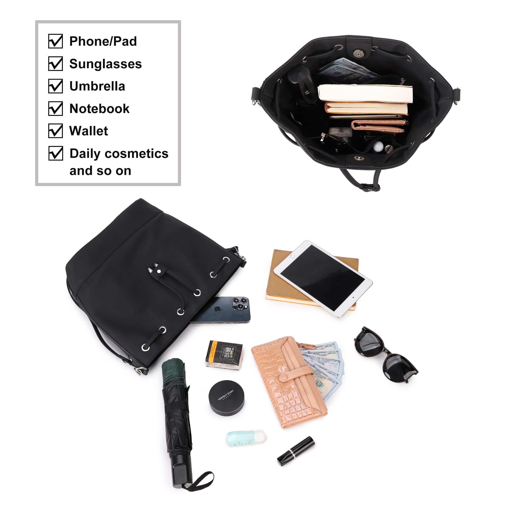 AFKOMST borsa a secchiello Borse a tracolla Donna Sera Pochette Shopping Viaggio Sacchetto Borsello Borsa a mano Borsa per donna (Black2)