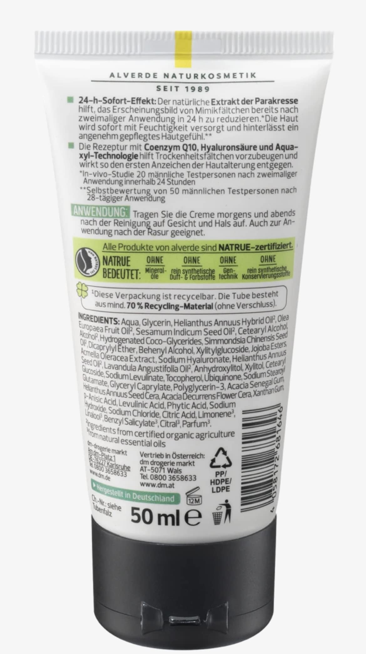 Crème Anti-Rides Alverde Q10 Active Nature Pour Hommes - 50 Ml Végétalienne