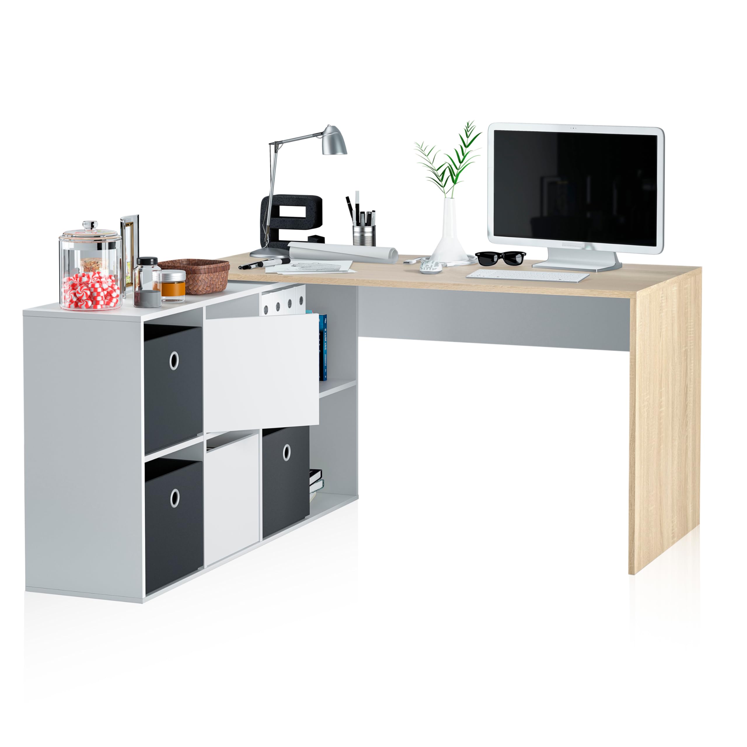duehome | Escritorio Multiposición Reversible, Mesa Estudio, Mesa PC, Modelo Move, Acabado en Blanco Artik y Roble Canadian, Medidas: 136 cm (Largo) x 139 cm (Ancho) x 74 cm (Alto)