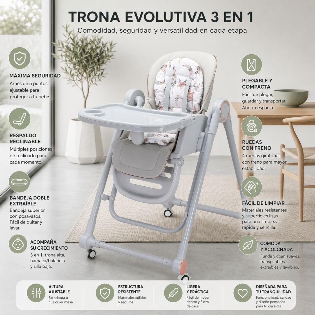 Trona Evolutiva 3 en 1, Incluye 2 Baberos, Plegable y Portátil, Altura, Reposapiés, Respaldo y Bandeja Ajustables, 8 Niveles de Regulación, Sistema Seguridad, Hasta 6 Años (Gris, Azul + Fucsia)