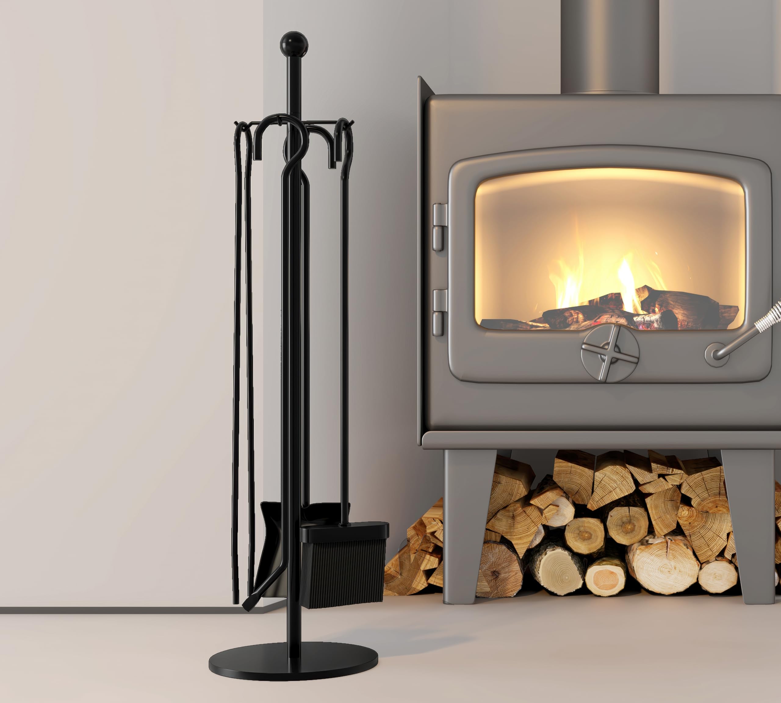 Kingson Black 5-Piece Fireside Companion Set for Log Burners Dia18cmxH68cm Includes Shovel, Poker, Brush, Tongs - Image 2