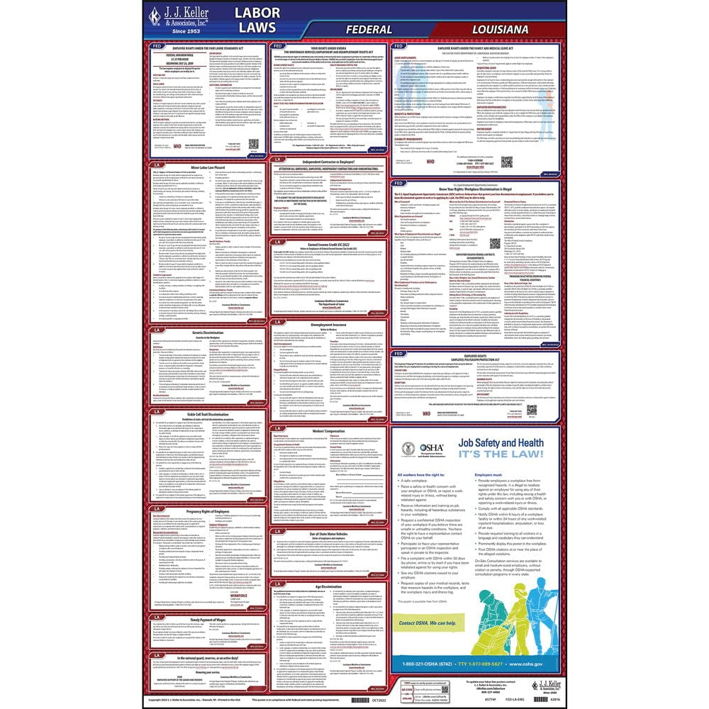 ( 2021 - 2022 Illinois ) Iand Federal Labor Law Poster (English, LA State) - OSHA Compliant All-in-One Laminated Poster