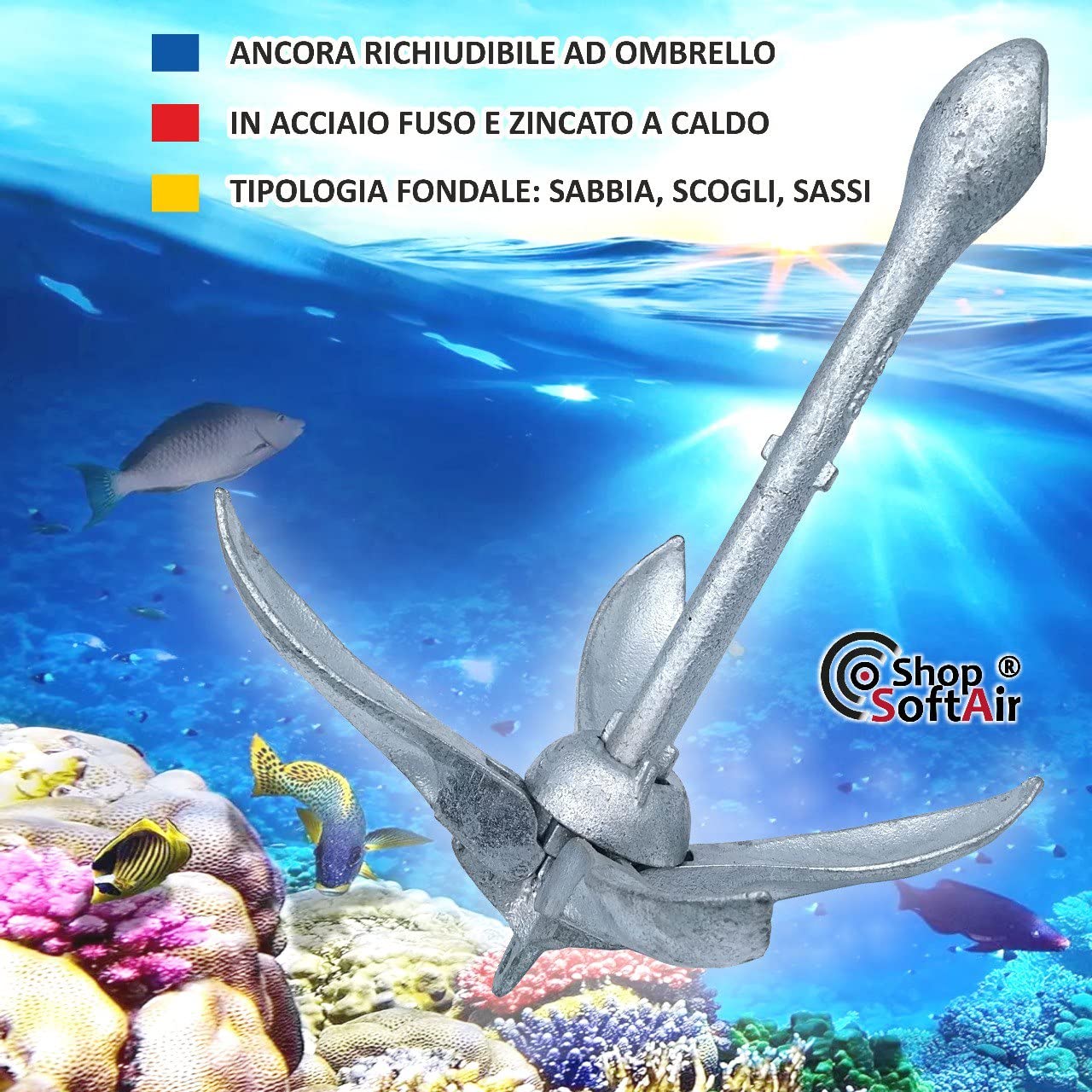 Kit Ancora a Ombrello Pieghevole in Acciaio Zincato e Cima Galleggiante 30 Metri Levilene Arancione Ormeggio e Moschettone in Acciaio Inox Aisi 316