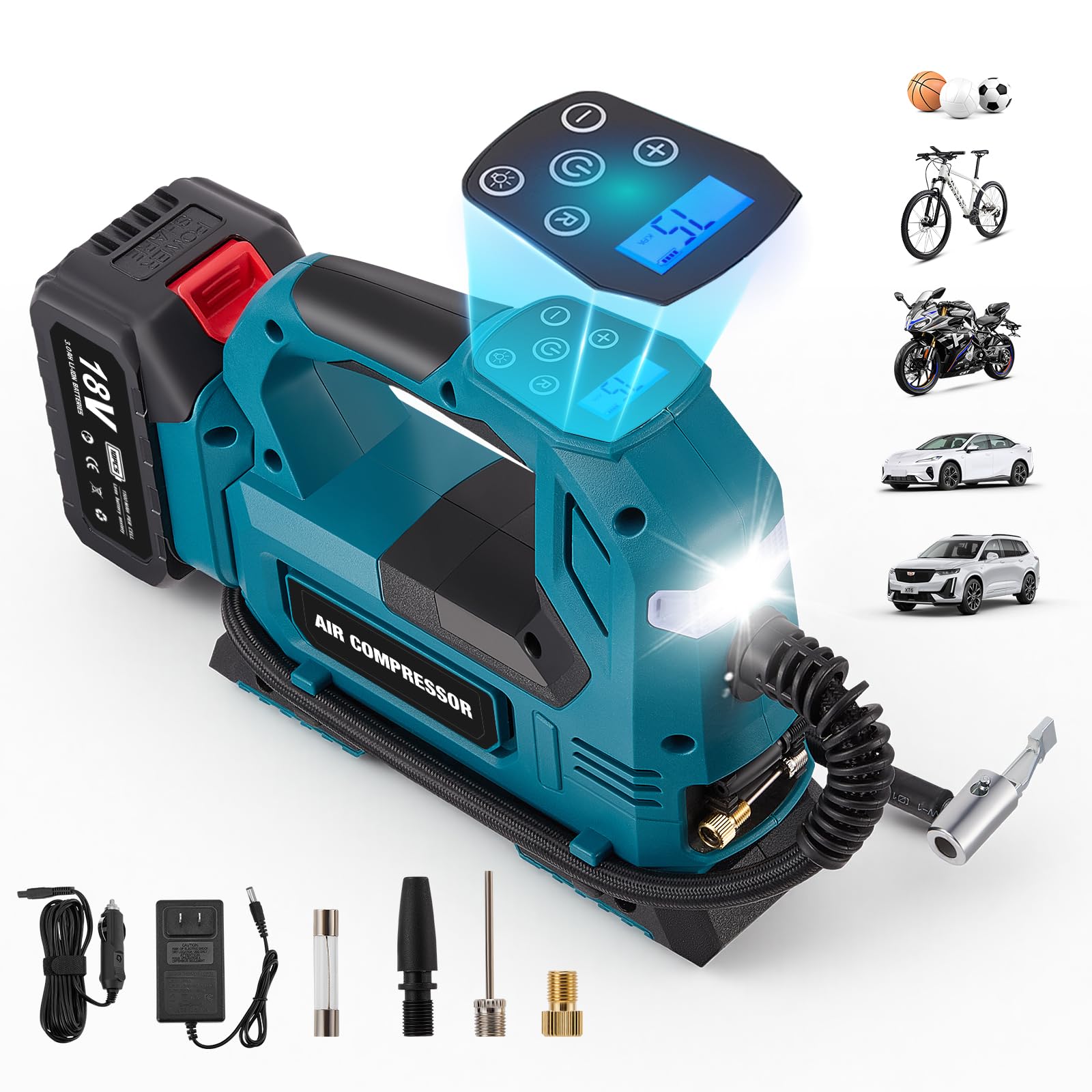 Compresor de aire digital de 150 PSI con luz LED de trabajo y función de parada automática, bomba de aire eléctrica para coche, moto, bicicleta y pelotas deportivas, incluye batería de 3,0 Ah y