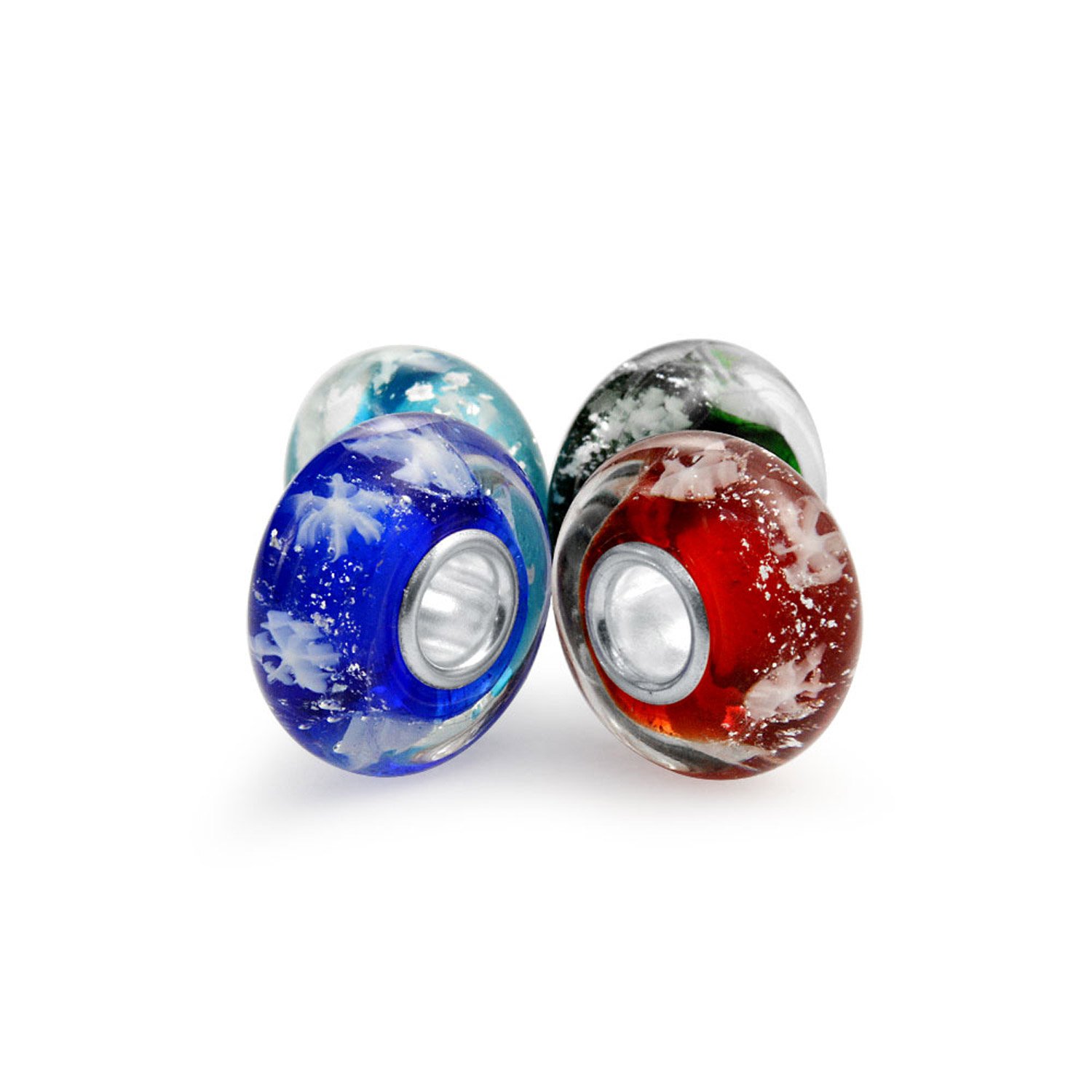 Bling Jewelry Fiocco Di Neve Di Natale In Vetro Di Murano, Mix Di 4 Perline Spaziatori In Argento Sterling, Adatte Al Braccialetto Con Ciondolo Europeo Per Donne E Ragazze Adolescenti