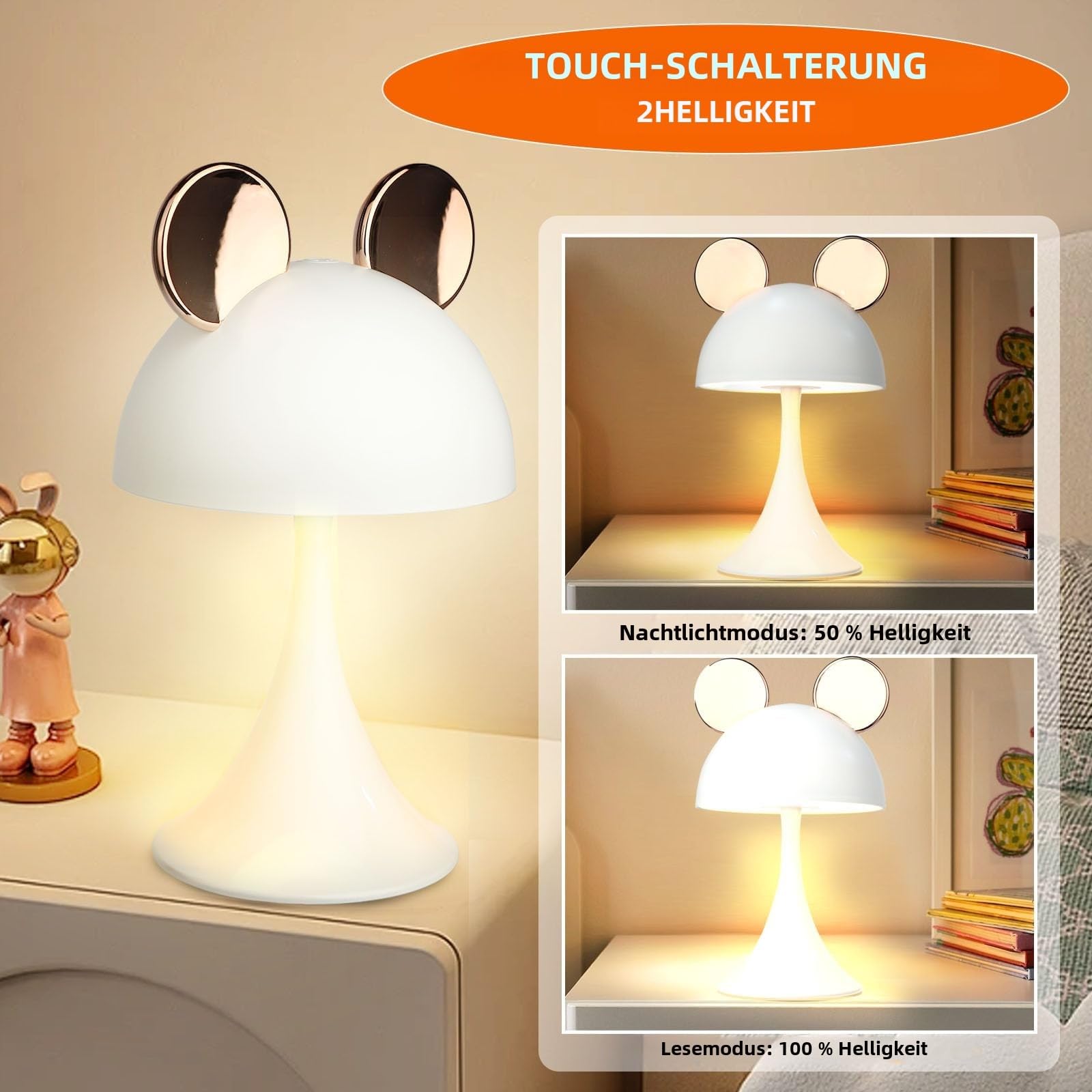 Wiederaufladbare Mausform LED Dimmbare Touch Schreibtischlampe Lesen Nachtlicht Niedliche Nachttischlampe (Gold)