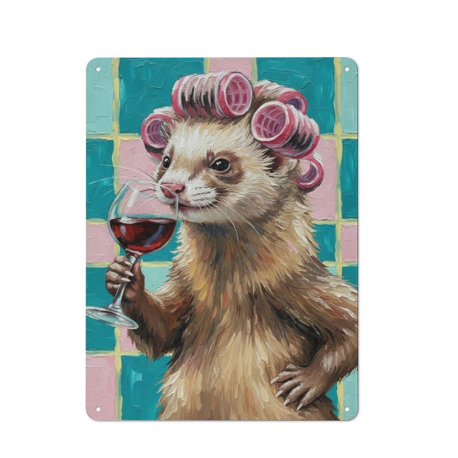 Junmoney Ferret With Curlers Drinking Wine Painting Vintage Tin Sign 40X30cm With For Man Cave Or Games Room, For Games Room Collectors