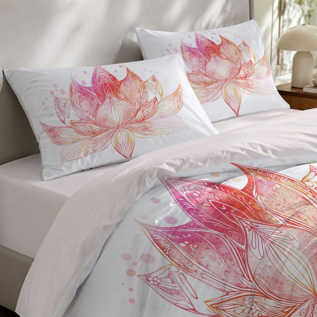 Nationales Mandala Bettwäsche Set 155x220cm 3 teilig | Aquarell-Lotus Weiche Mikrofaser Wendebettwäsche, 1 Deckenbezug mit 2 Kissenbezug 80x80 cm