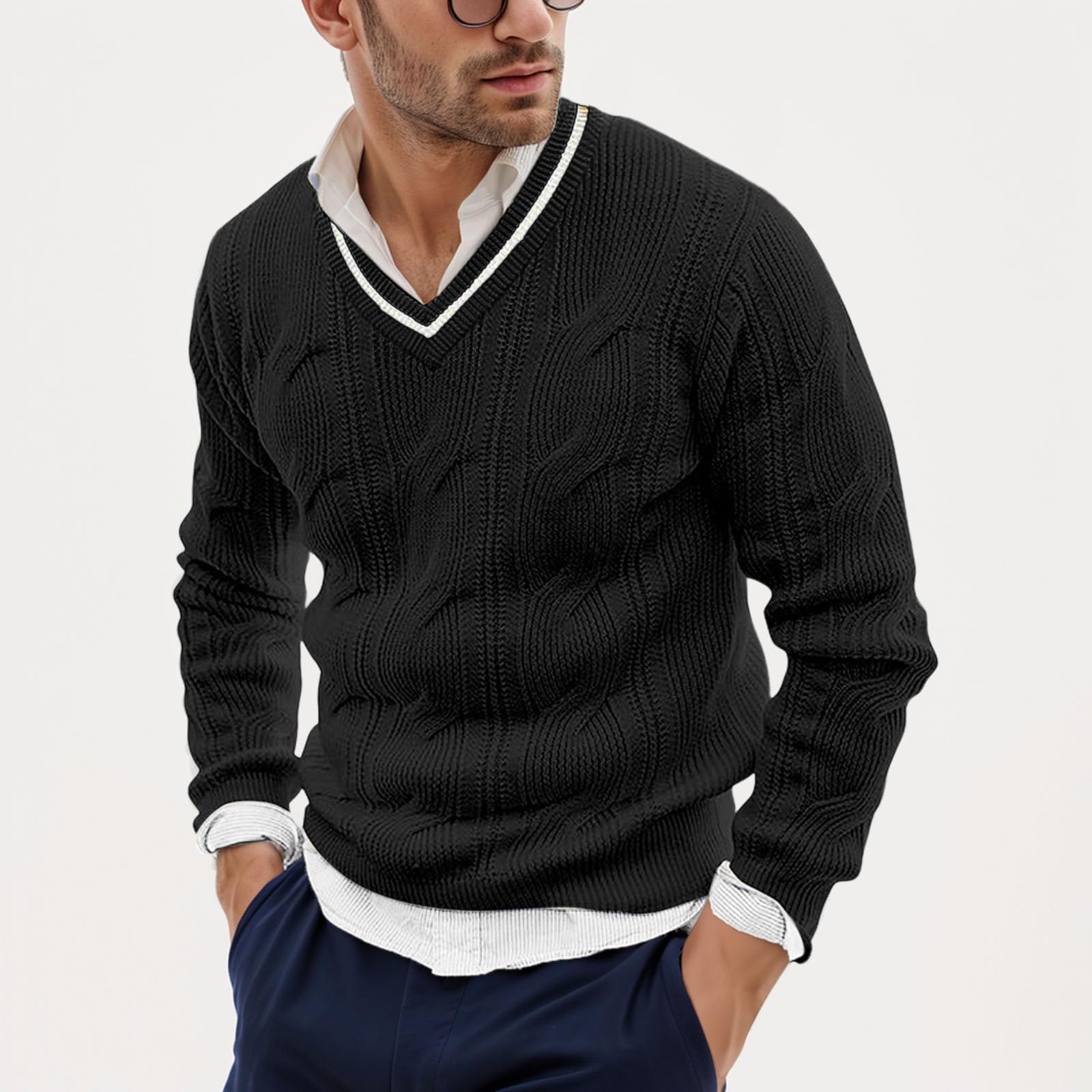 Genérico Jerseis Hombre - Jersey Invierno Hombre Suéter de Cuello en V para Hombre Moda Ajustado Manga Larga Punto Tops
