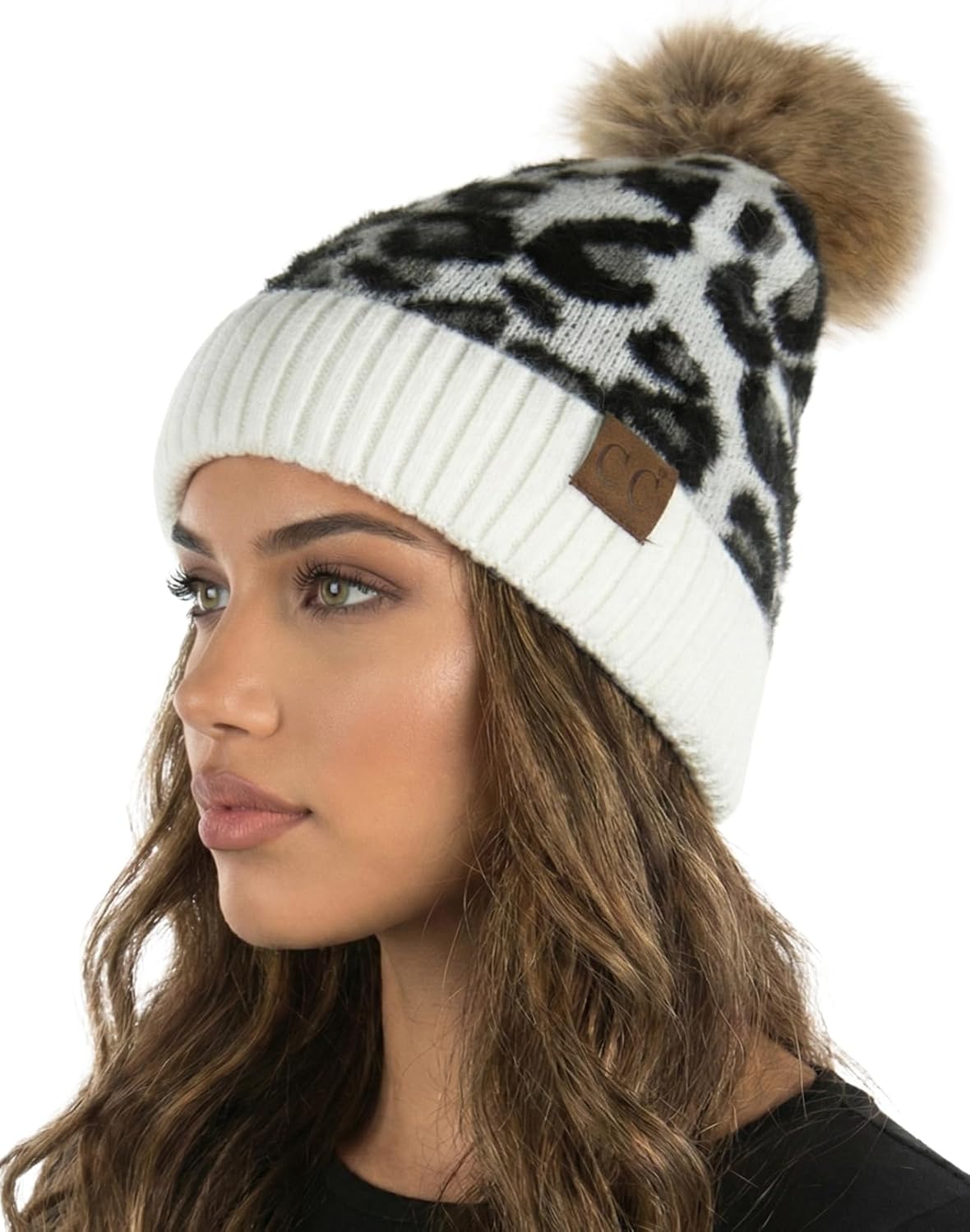 Funky Junque Women’s Pom Pom Beanie – Soft Knit Winter Hat for Women & Teens, Leopard & Zebra Fashion Animal Print Beanies