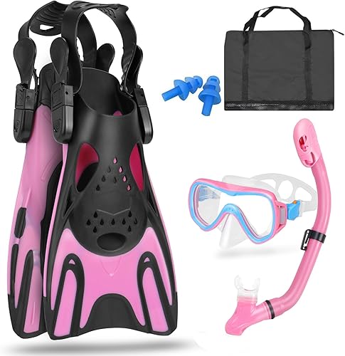 Snorkeling Gear for Kids, Mask Fins Snorkel Set for Kid Panoramic View Diving Mask Anti-Fog Anti-Leak Dry Top Snorkel and Dive Flippers with Travel