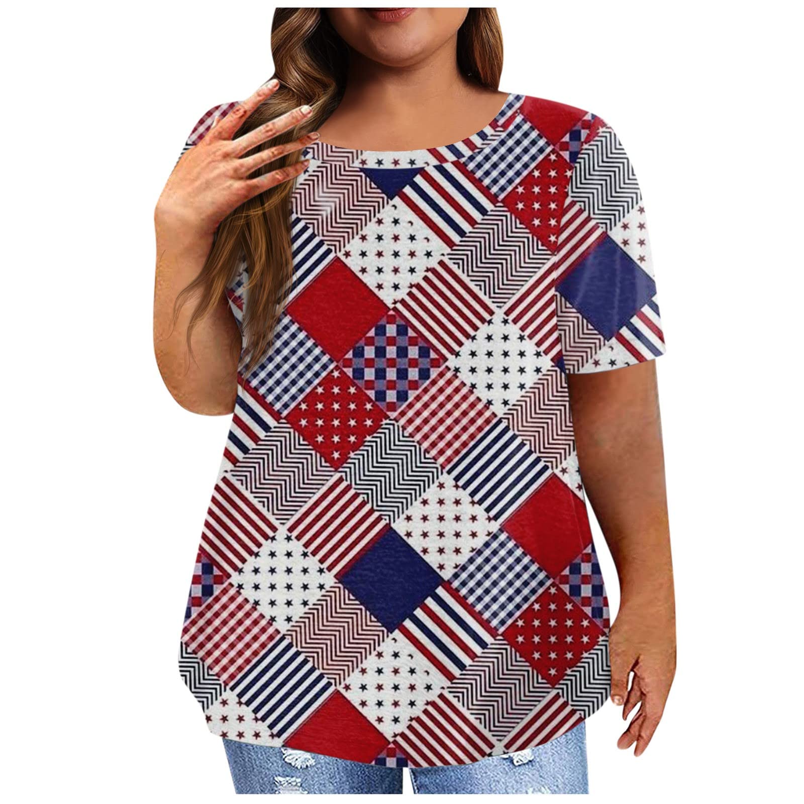 GIANTHONGPlus Size Tops for Women Oversized Short Sleeve Independence Day Graphic Shirts Crewneck Summer Comfort Blouses