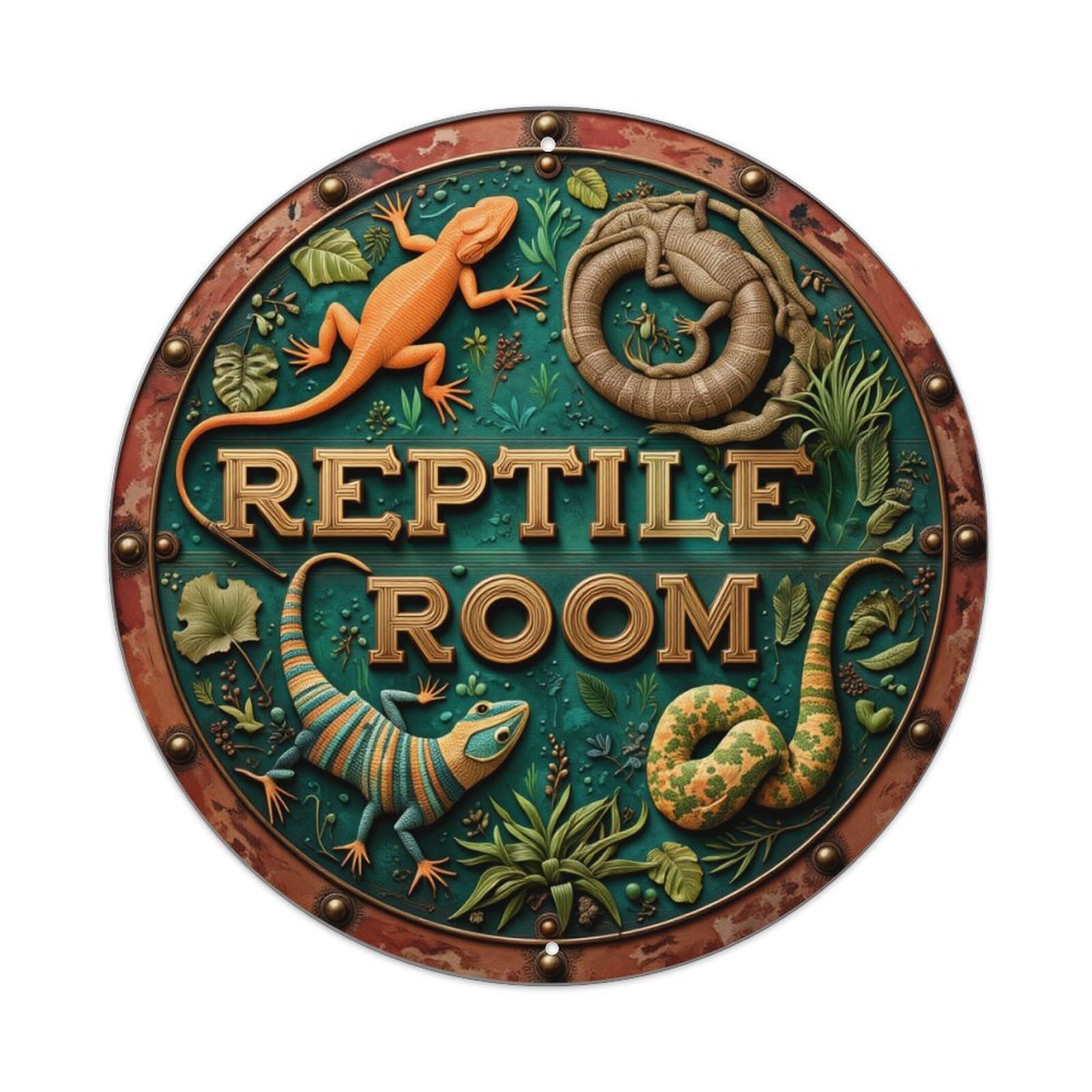 Reptile Room Emblem Design Art Round Tin Sign Retro Metal Sign for Cafe Bar Pub Home Game Room Gym Club Wall Decoration Vintage Metal Poster 8x8 Inch
