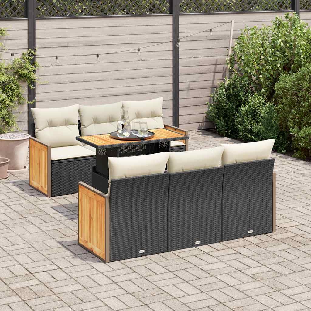 Set lounge modulare in polyrattan e acacia, 7 pezzi, colore nero, con cuscini e vano portaoggetti
