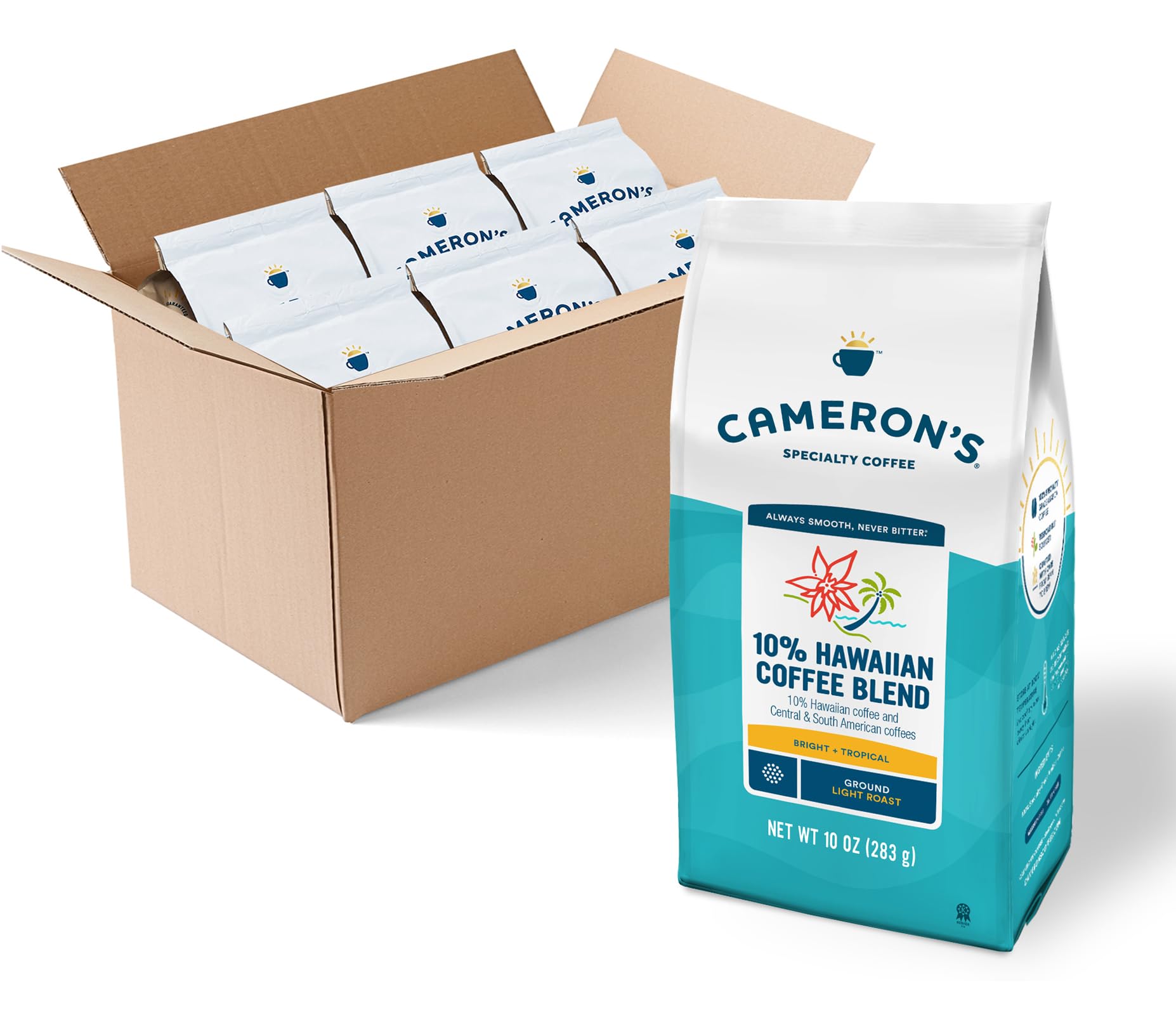 Cameron's Coffee Roasted Ground Coffee Bag, 10% Hawaiian Coffee Blend, 10 Ounce, Pack of 6 NEW
