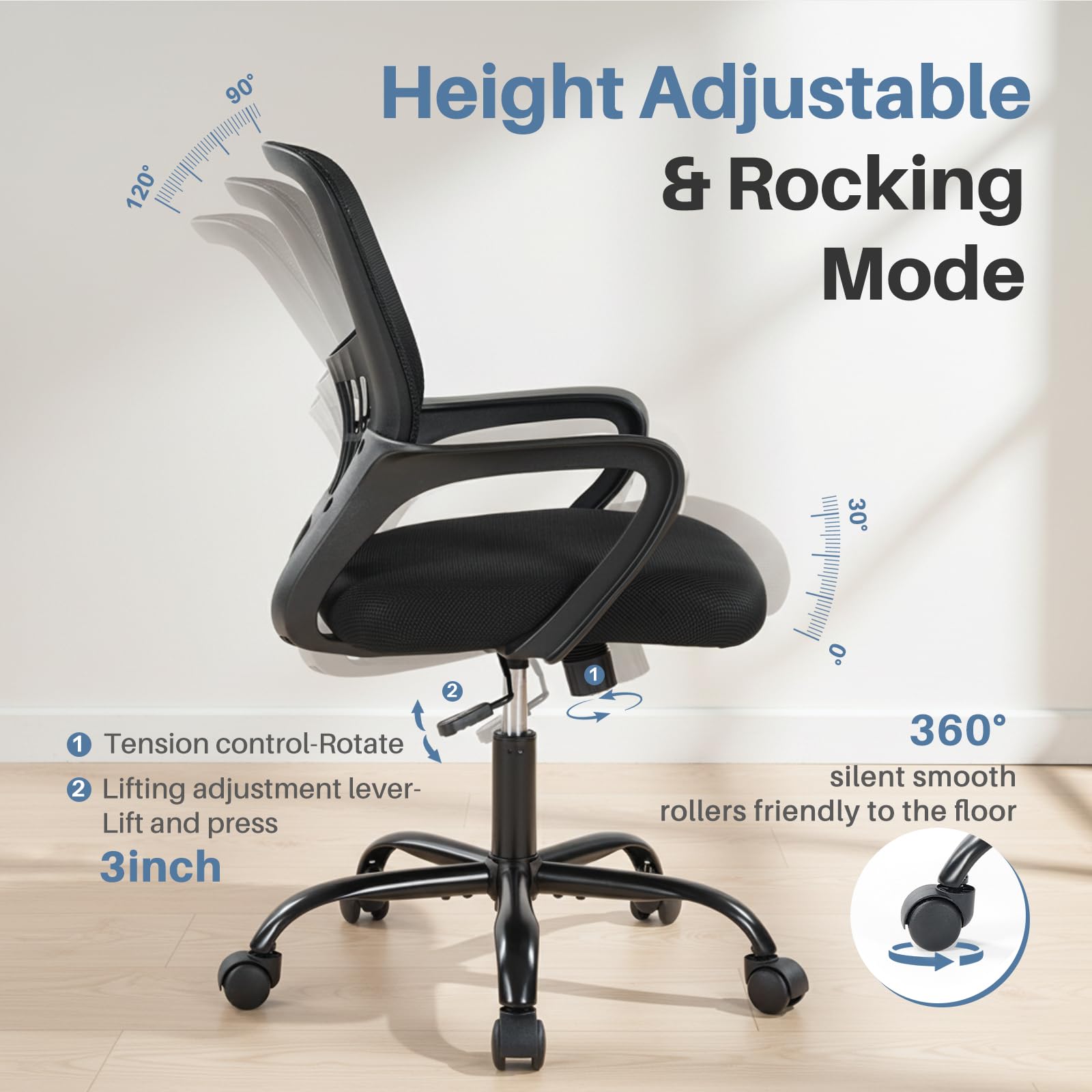 DUMOS Home Office Computer Chair - Ergonomic Mid Back Desk with Lumbar Support and Rocking Mode, Height Adjustable with Fixed Armrest, for Conference Meeting Room, 360° Swivel, Adults, Black