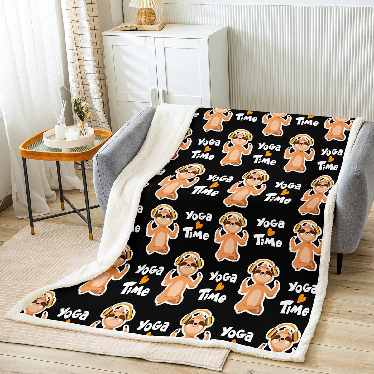 Loussiesd Coperta in pile con motivo a buffet, motivo "bradipo con animali", colore giallo, nero, per letto, divano, bambini, musica, yoga, bradipo caldo, coperta sfocata, ultra morbida, 200 x 200 cm