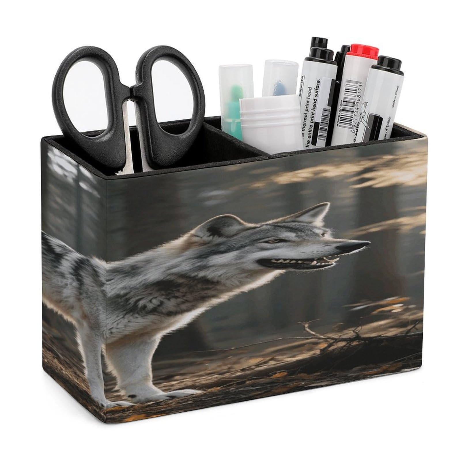 VstaDank Wolf Pencil Holder for Desk Organizer 2 Compartments Pen Cup Leather Square Pen Holder Pencil Cup Stand Makeup Brush Holders for Desktop Organizer Storage Case