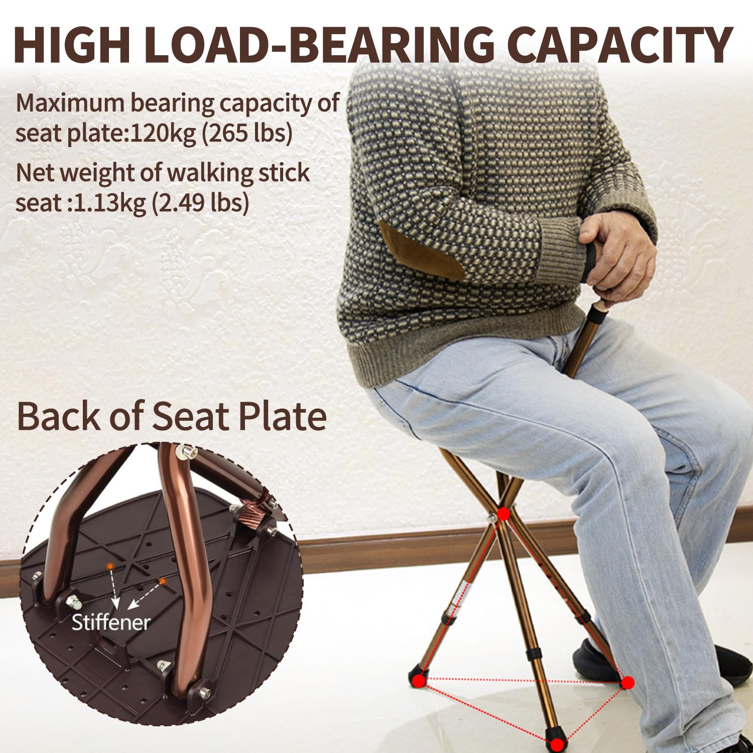 Bastón plegable con asiento, bastón de caminar con asiento, altura regulable, bastón de tres patas, 3 patas, soporta hasta 120 kg, aluminio robusto y ligero, antideslizante