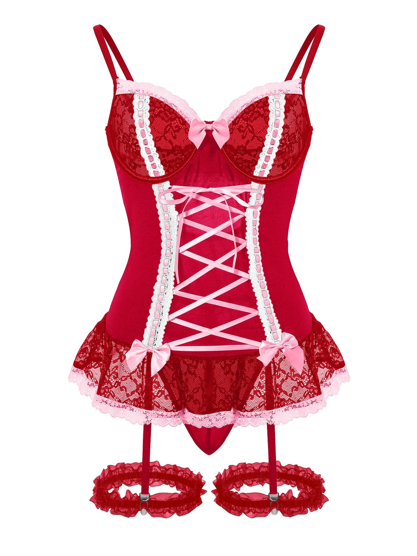 GXNRHG Corsé de Malla Sexy con Volantes y Encaje con Aros, Liguero Transparente, picardías, Conjunto de lencería con Tanga, 3 Piezas