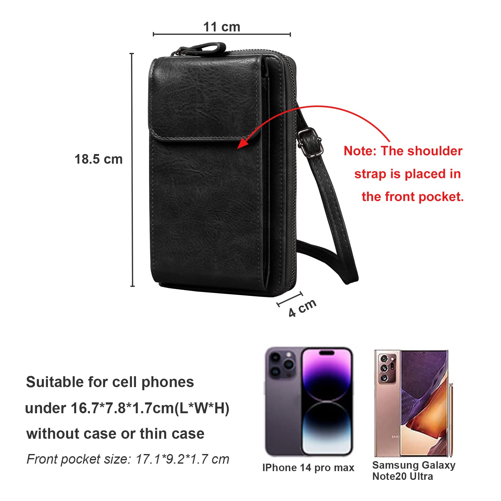 Kememo Damska torba na ramię na telefon komórkowy, ze skóry PU, torebka na telefon komórkowy do zawieszenia z portmonetką, przegródkami na karty, crossbody, portfel, mała torebka
