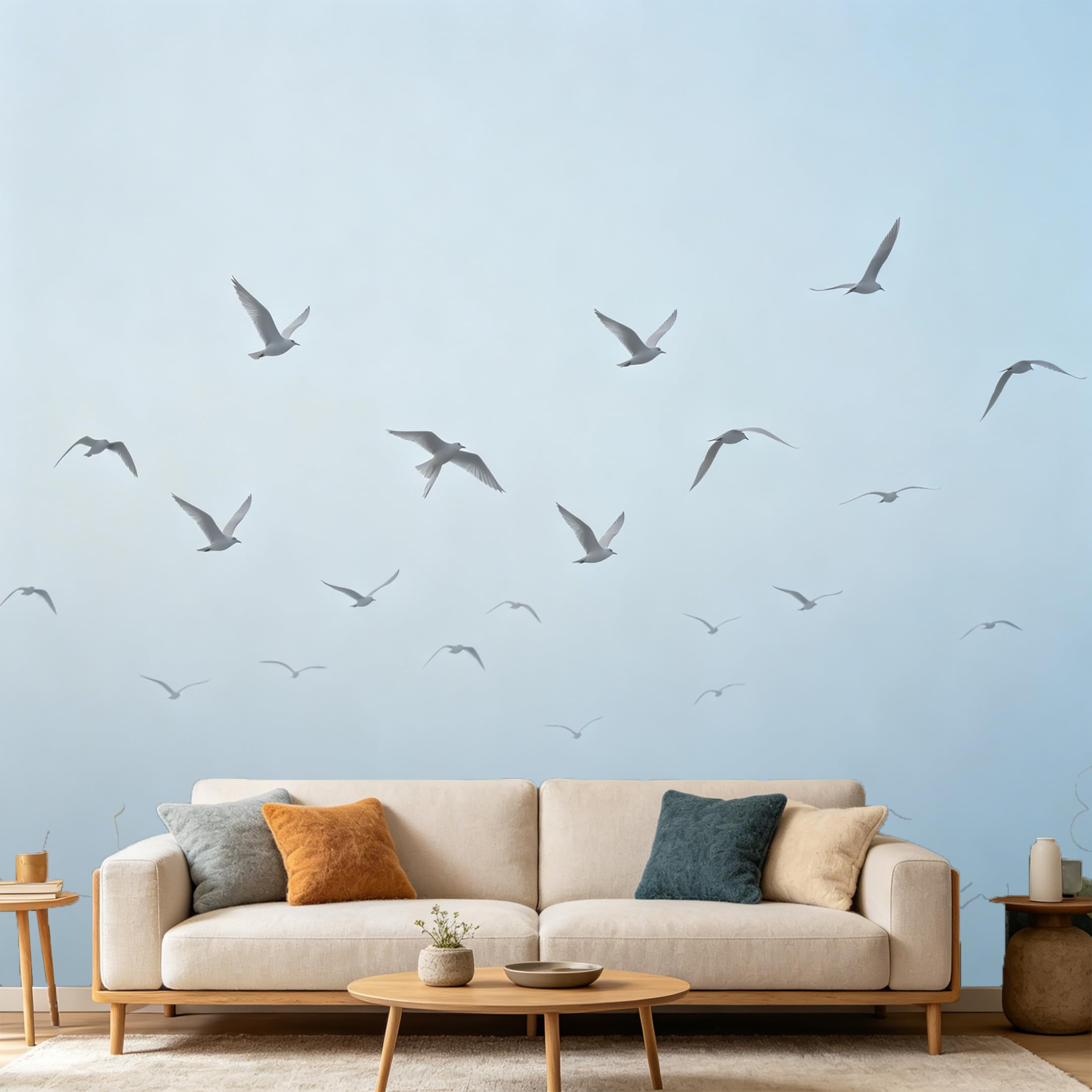 Custom Size Wall Mural Minimalist Coastal Flying Seagulls Flock Foggy Sky SelfAdhesive Art Prints wall Fabric（No PVC） Removable Wallpaper Home Bedroom Decor