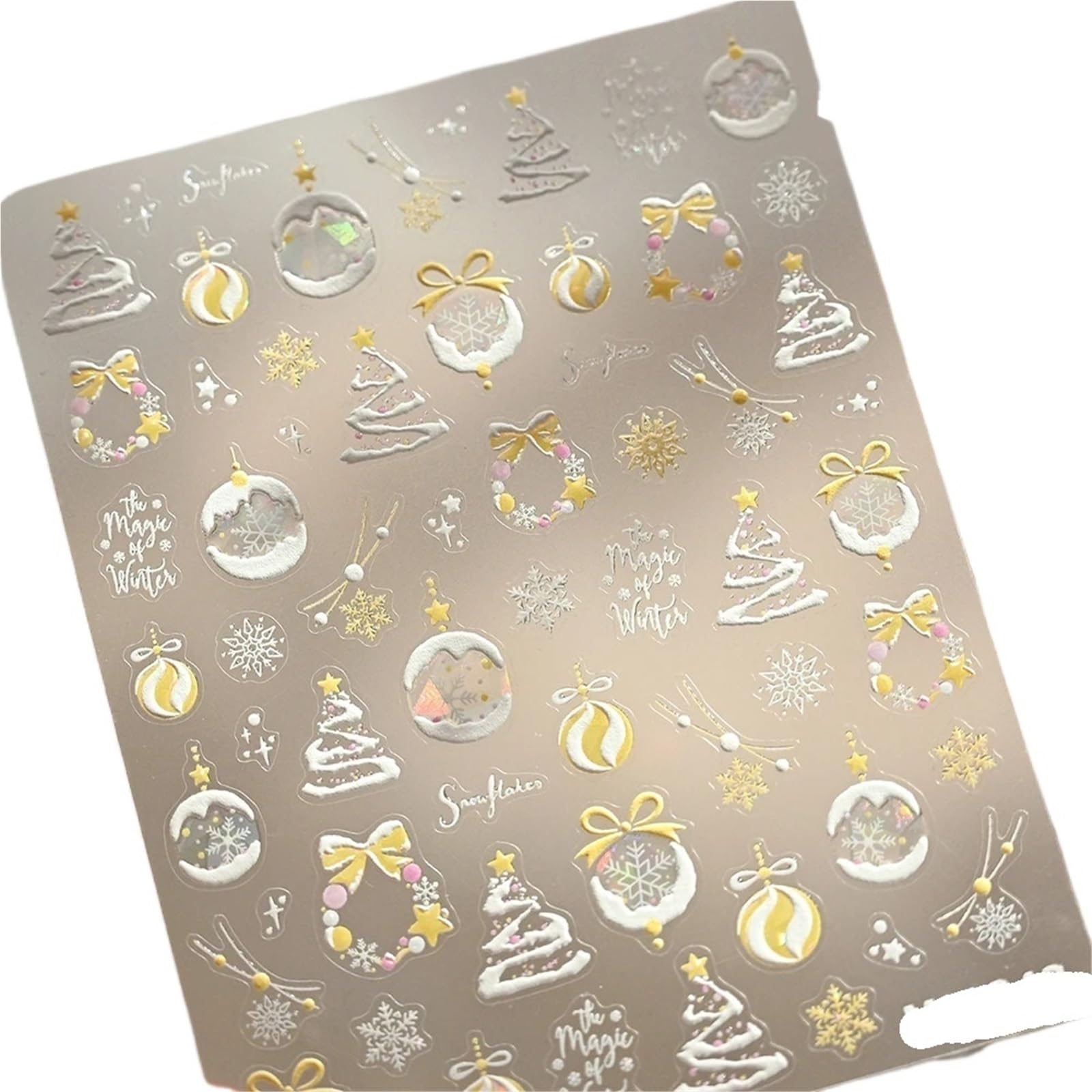3pc 3D Metal Bead Nail Art Stickers - Snowflake Bowknot Wreath Stars for Winter Decals(8)
