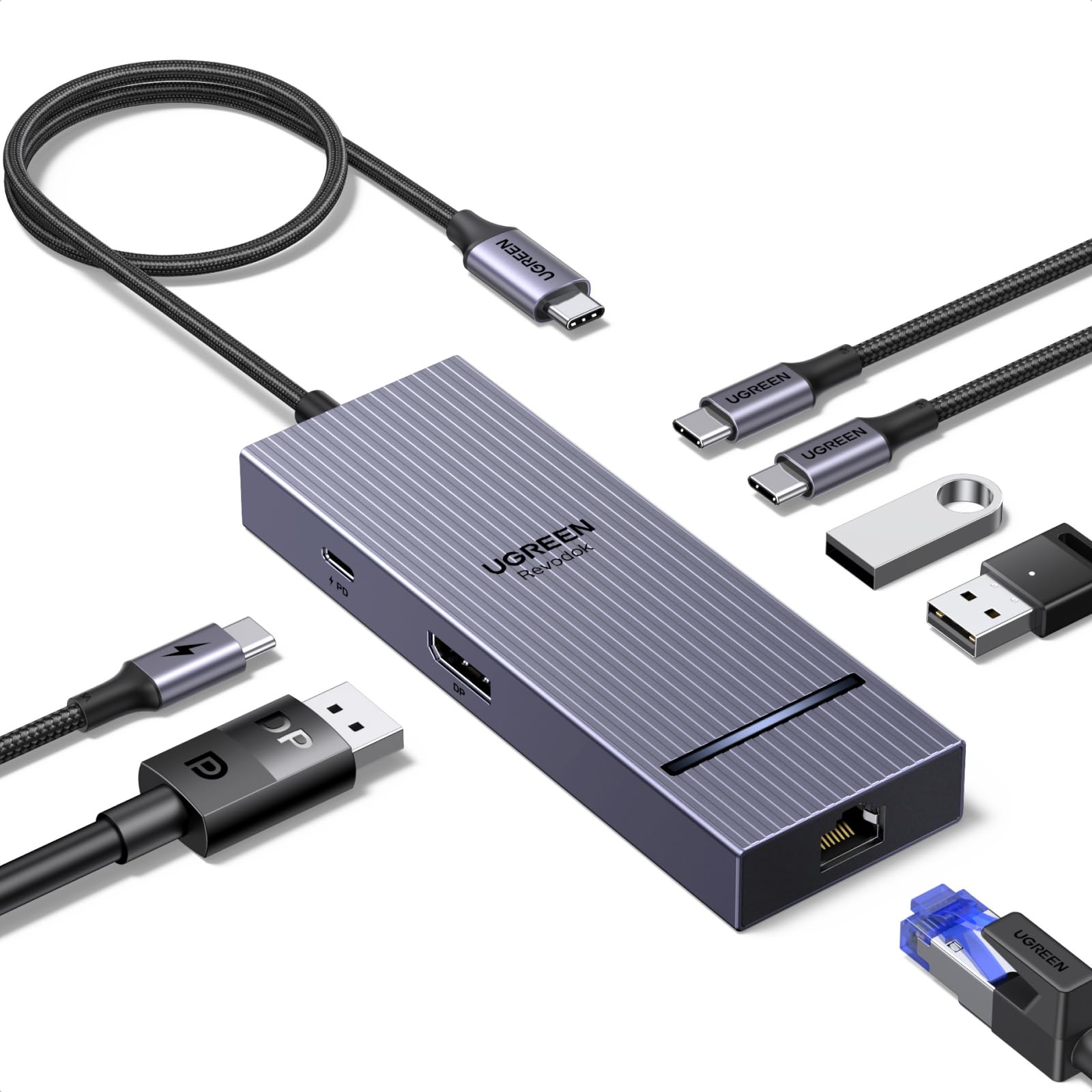 UGREEN Revodok Pro Hub USB C DisplayPort 7 en 1 Adaptateur Ethernet Gigabit | DP 4K 60Hz, RJ45 1000Mbps, 10Gbps Transfert Rapide, PD 100W, Compatible avec MacBook Pro Air Neo Tablette Steam Deck