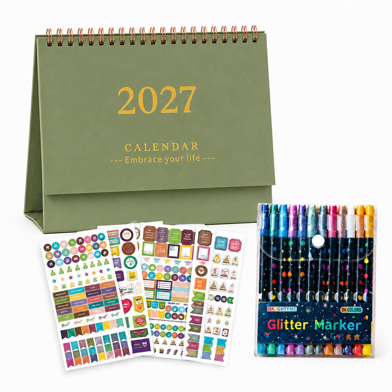 NUOBESTY 2027 Desk Calendar, 12 Glitter Pens, 4 Sticker Sheets, Olive Green