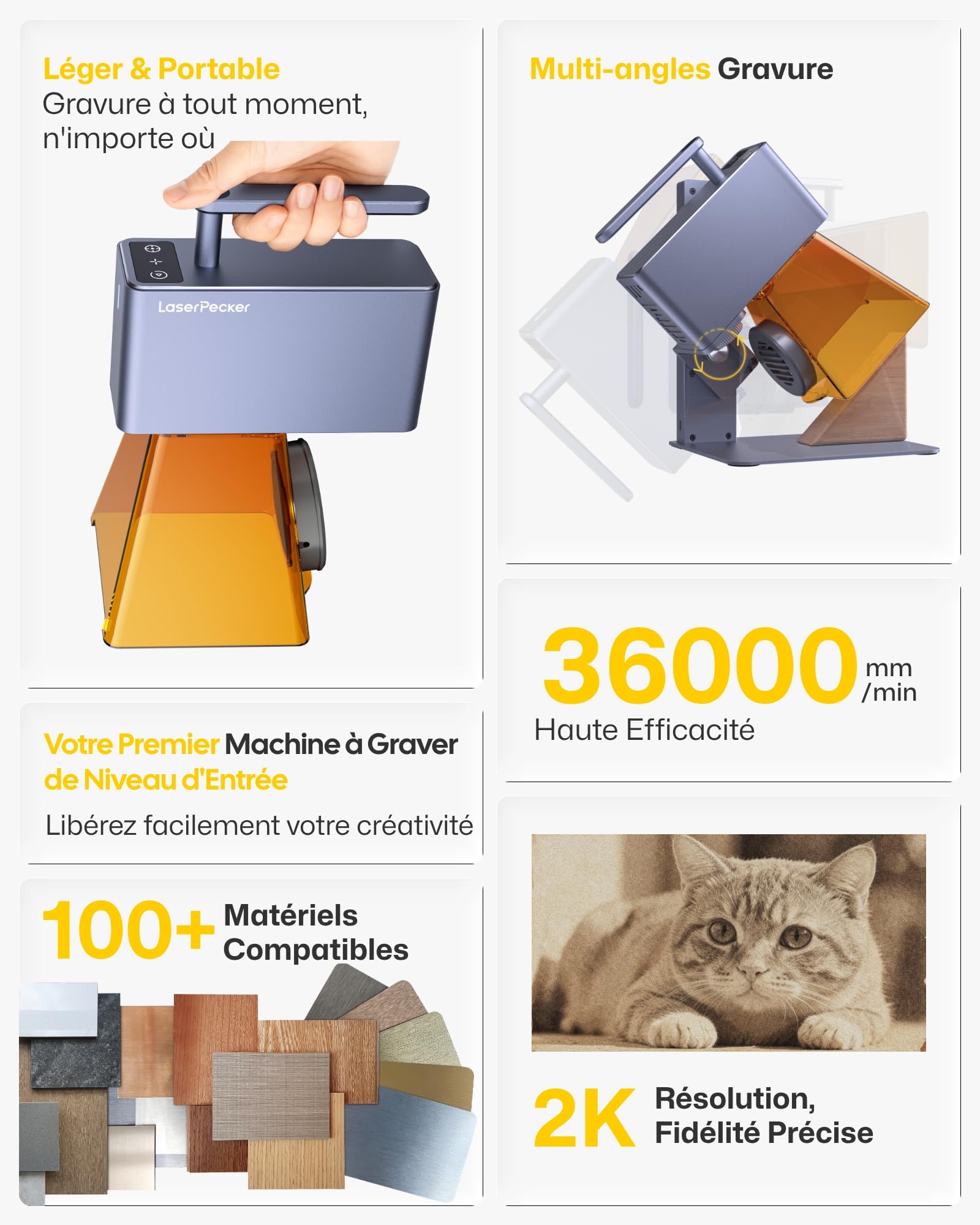 LaserPecker LP2 graveur laser 5 W à diode 450 nm avec capot de protection | 600 mm/s, papier, bois, cuir, acrylique, pierre, métal, verre foncé, gravure, DIY