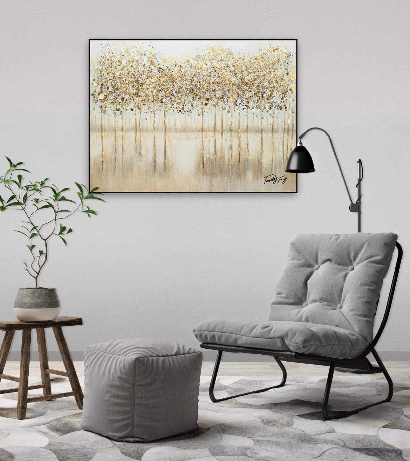 KunstLoft Tableau Peinture Moderne | 100% PEINT À LA MAIN | 150x50cm | Peinture Sur Toile 'Saule Pleureur Dans La Brume' | Arbres & Forêt | Beige | Deco Murale Salon