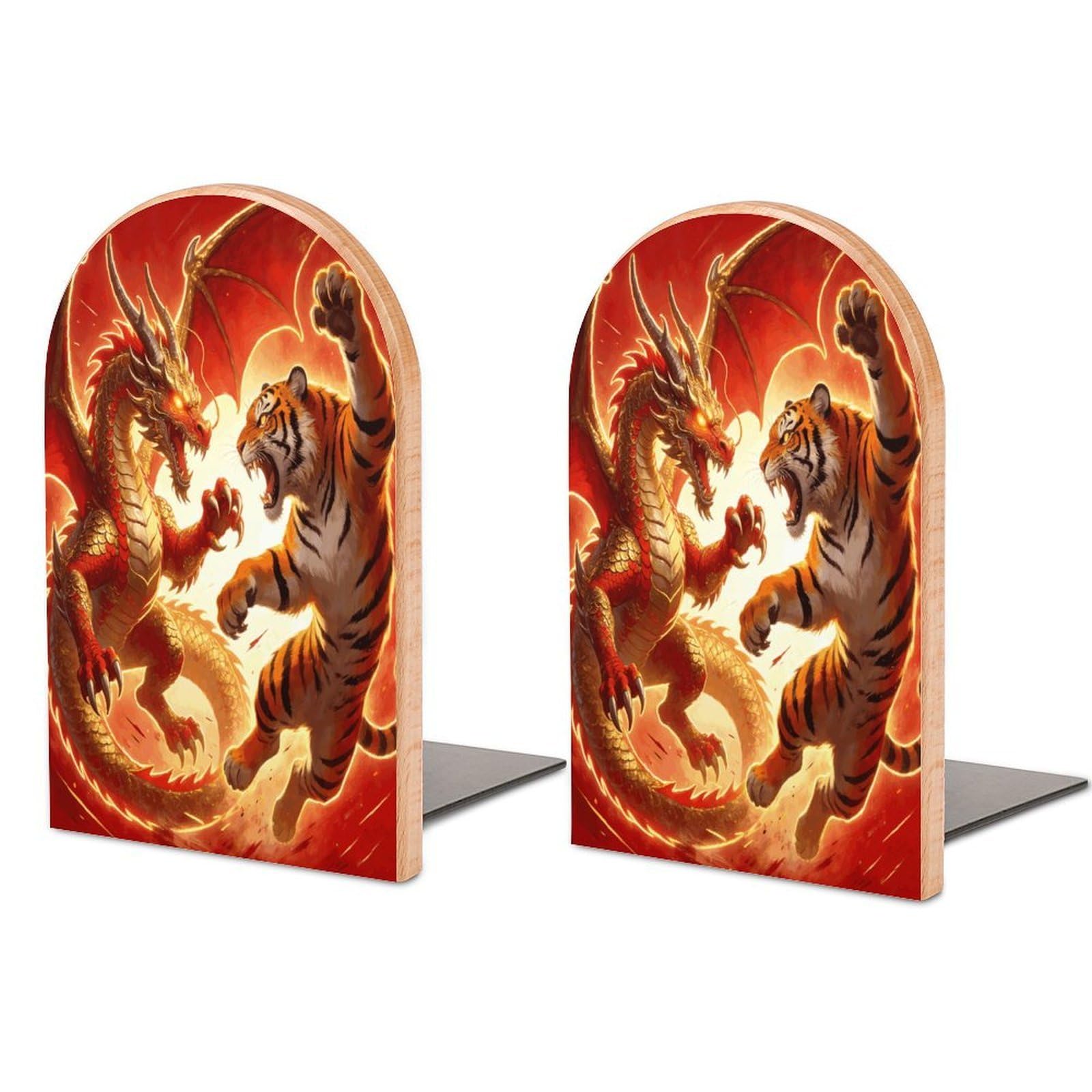 Dragon Versus Tiger Bookend Wood Book End for Shelves Heavy Duty Non-Slip Wooden Bookend Support Universal Economy Bookends Fancy Modern Decorative Book Accessories 1 Pairs