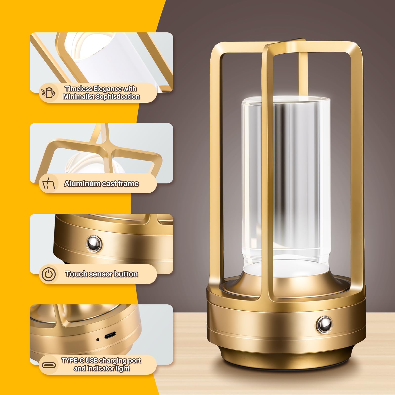 Lámpara de mesa recargable inalámbrica, 3 colores, cristal, atenuación continua, para dormitorio, cafetería, campamento, bar, mesa de comedor, restaurante, dorado (paquete de 2) 2