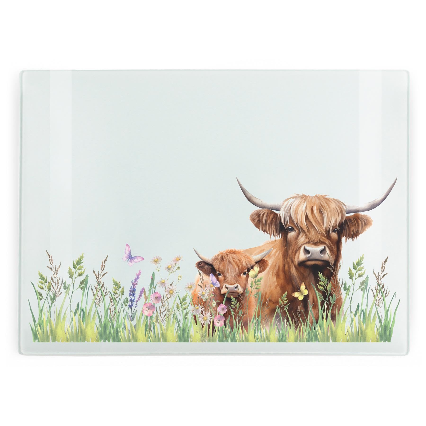 Highland Cow Glass Chopping Board, Rectangular Large Mum & Calf Glass Worktop Protector