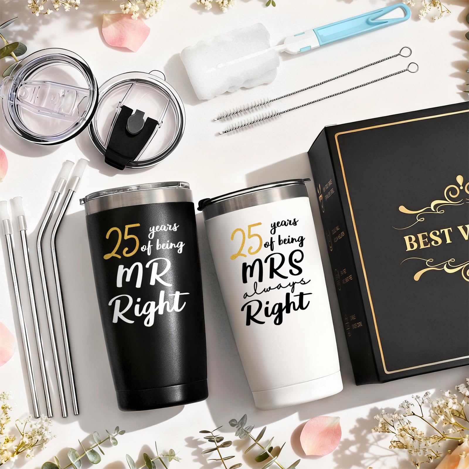 Lifecapido 25th Wedding Gifts, Couple Gifts for Parents Friends Hunsband Wife, 25th Mr Right & Mrs Always Right Tumbler Set with Lid & Straw(20oz, Black & White)