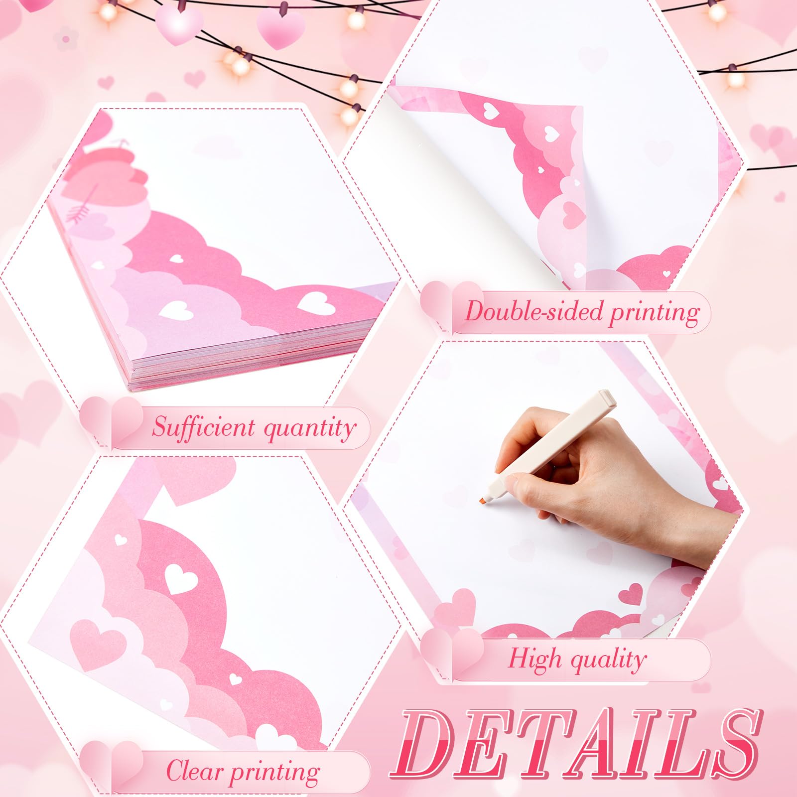 Dispowreath 100 hojas de papel de papelería de San Valentín, decoración de borde de membrete de corazón, 21,6 x 28 cm, papel de escritura rosa imprimible para San Valentín, boda, aniversario, tarjetas