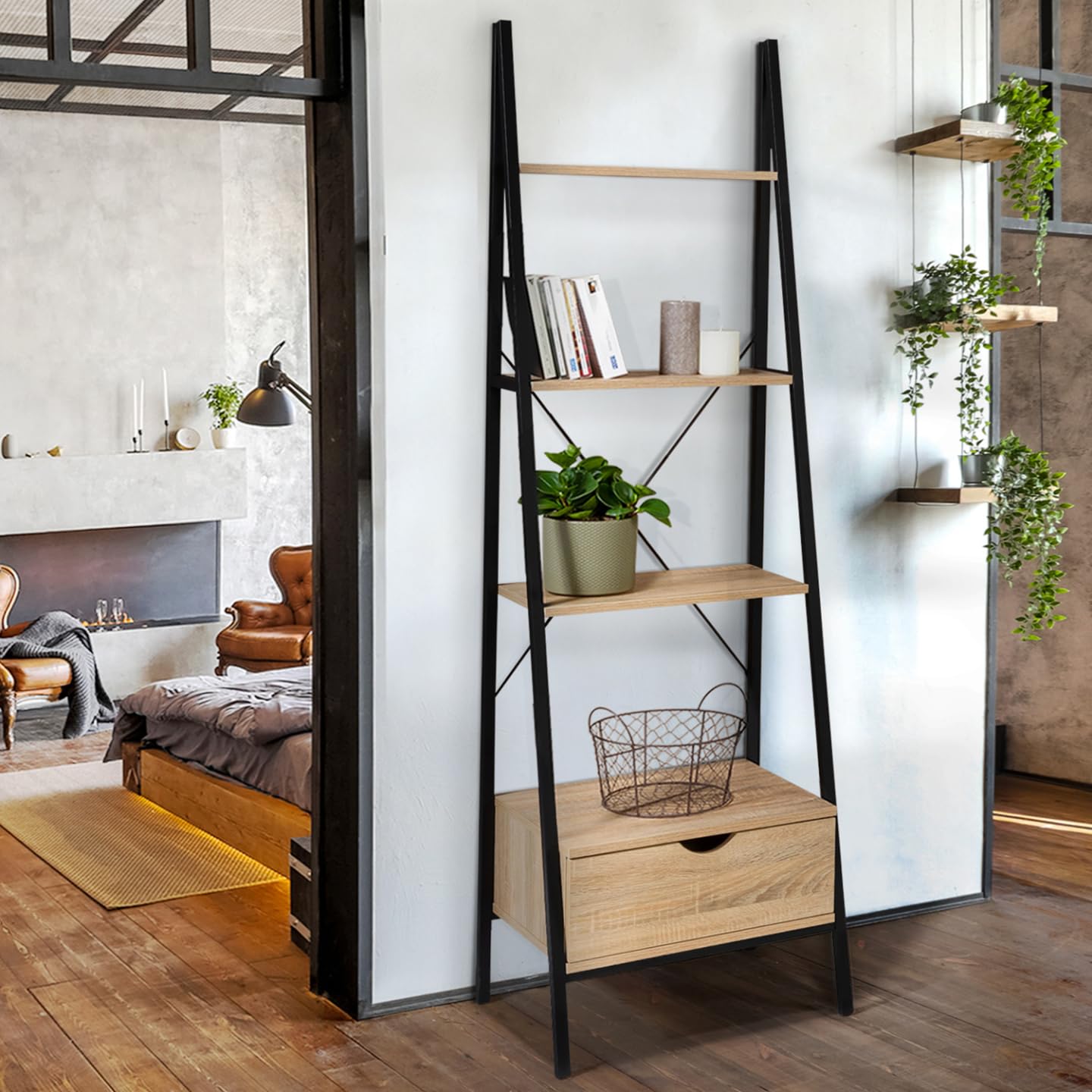 IDMarket - Etagère échelle 4 Niveaux avec tiroir Detroit Design Industriel