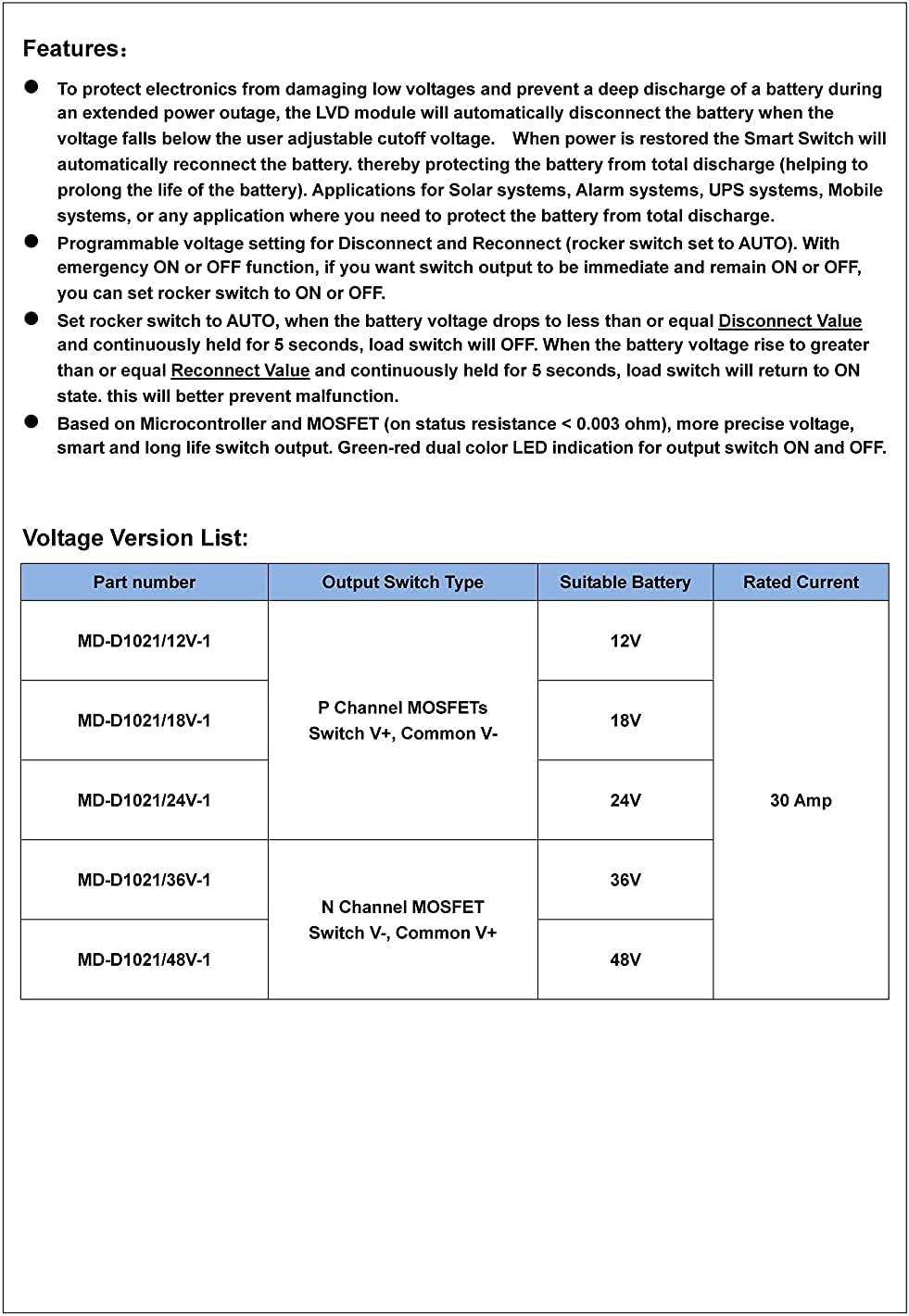 OONO 18V/ 30Amp LVD Low Voltage Disconnect Module.