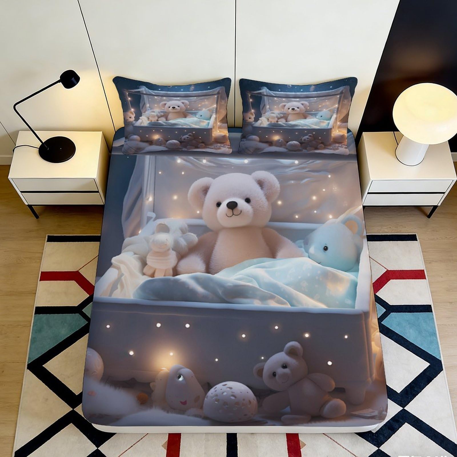 3D Printed Cute Teddy Bear Fitted Sheet Microfiber Non-Slip Deep Pocket Teddy Bear Mattress Fitted Cover Bedding 160x200x25cm